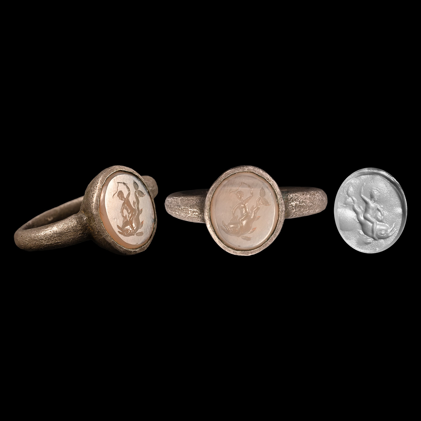 Roman Style Silver Ring with Cupid Riding a Dolphin Gemstone