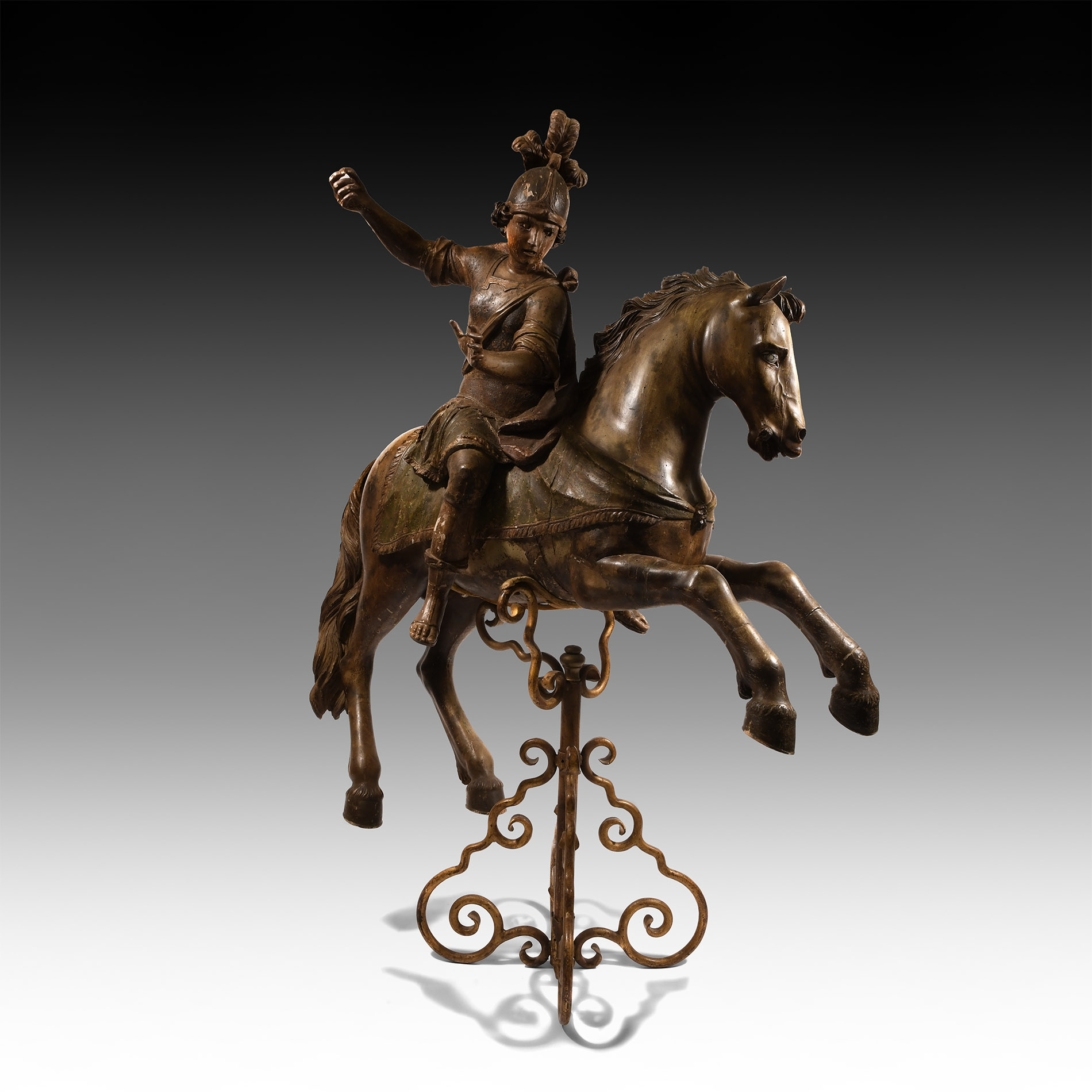 Half Life-Size Post Medieval Wooden Painted St George and Mount Statue