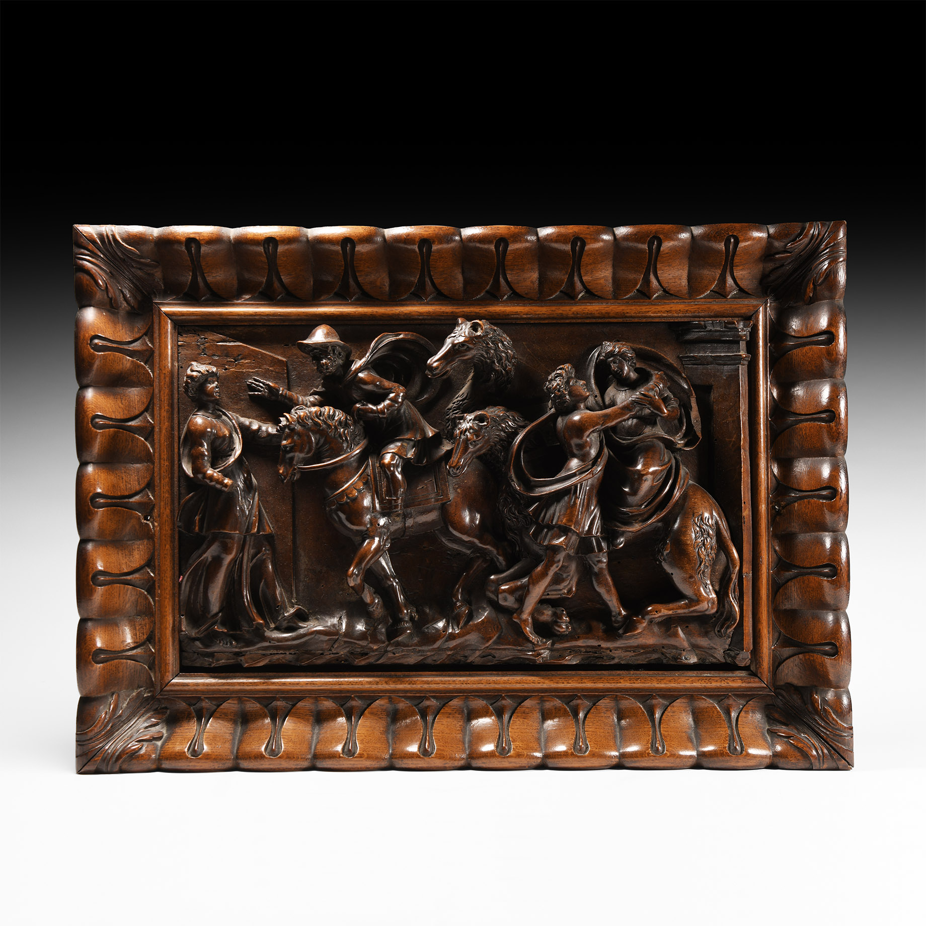 Renaissance Wooden Panel with Horse and Figures