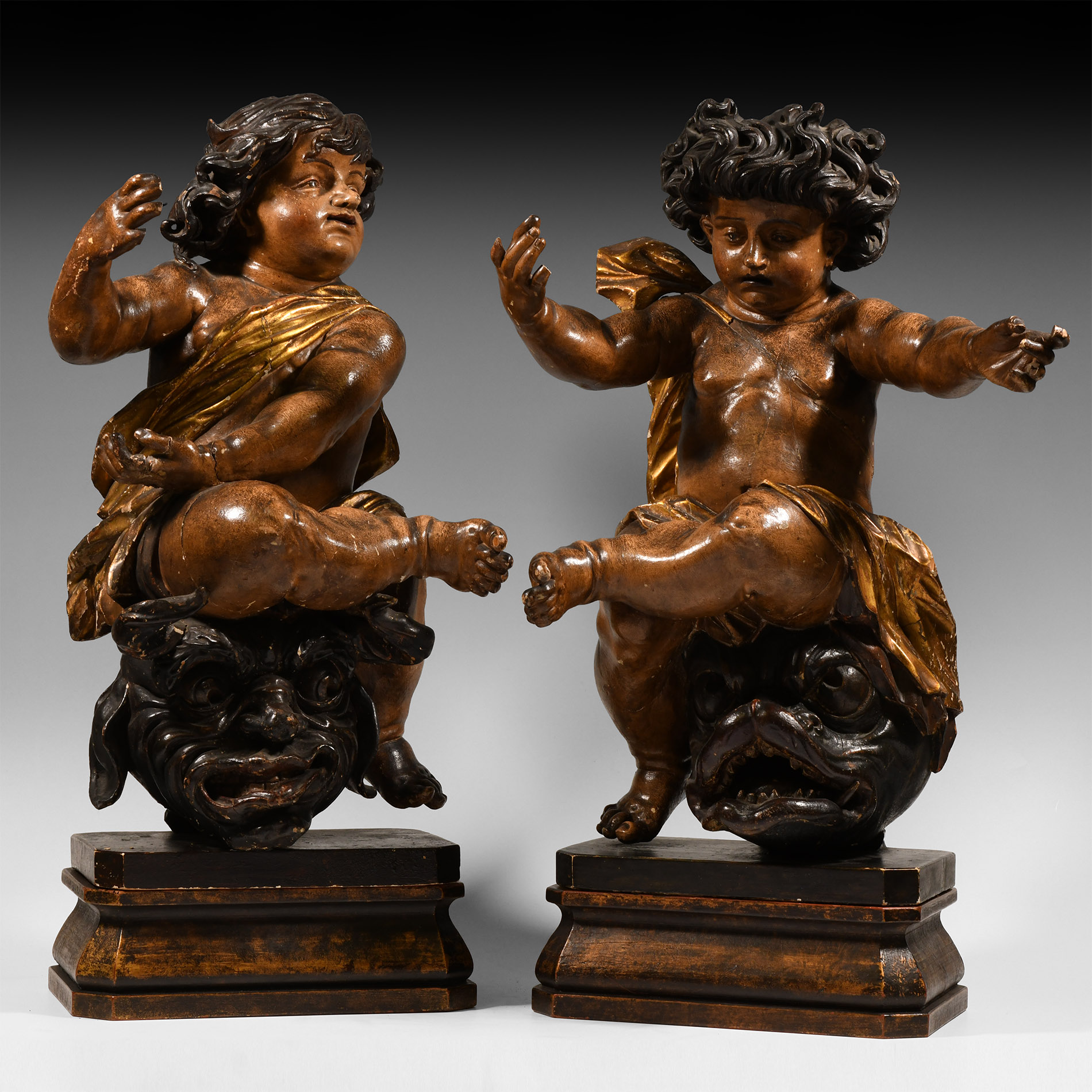 Post Medieval Gilt and Painted Wooden Cherub Pair