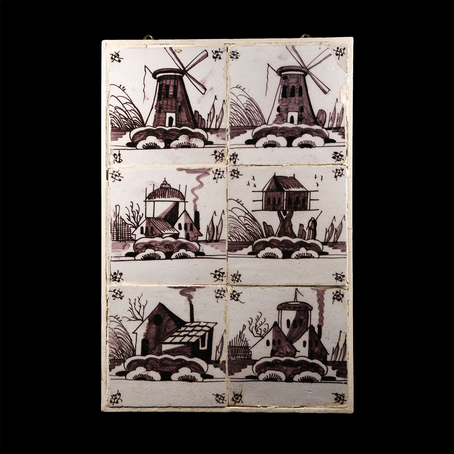 Post Medieval Glazed Ceramic Windmill Tile Display