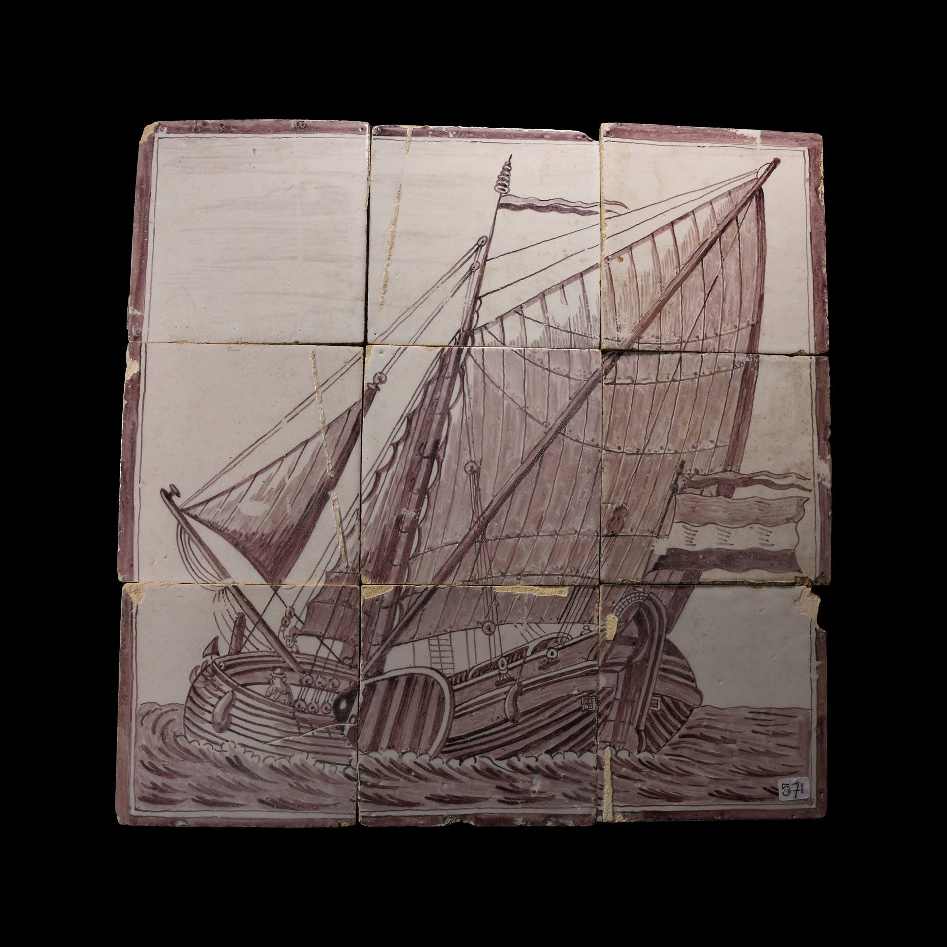 Post Medieval Glazed Ceramic Tile Set Displaying Boat