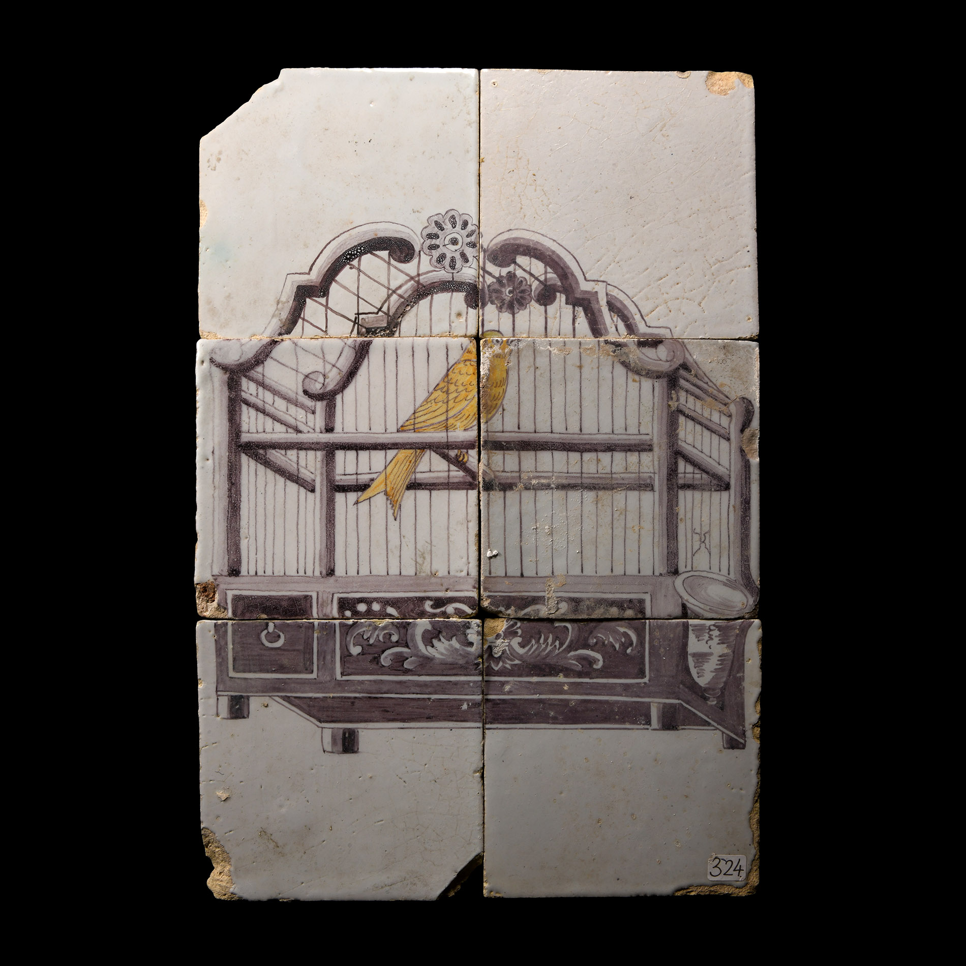 Post Medieval Glazed Ceramic Caged Canary Tile Set
