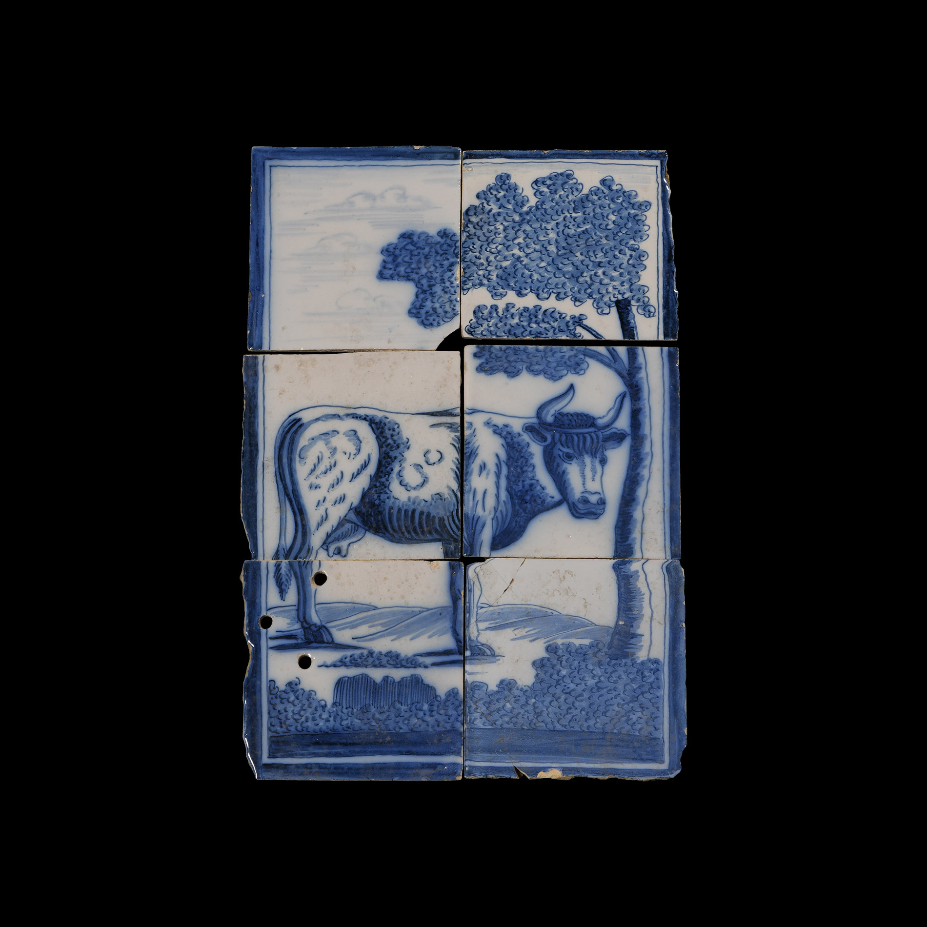 Post Medieval Glazed Ceramic Cow in Landscape Tile Set