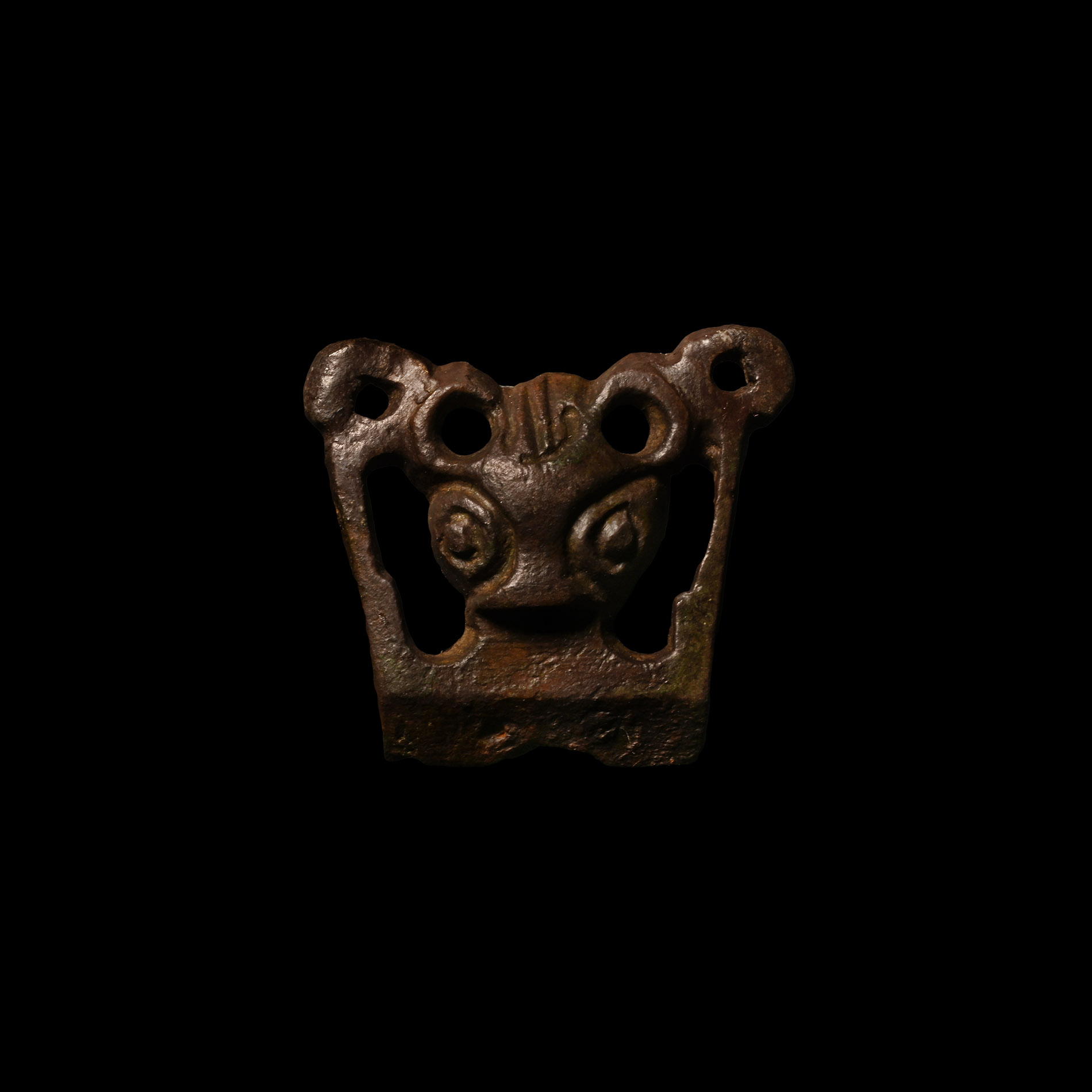 Viking Age Bronze Stirrup Apex Mount with Bear's Mask