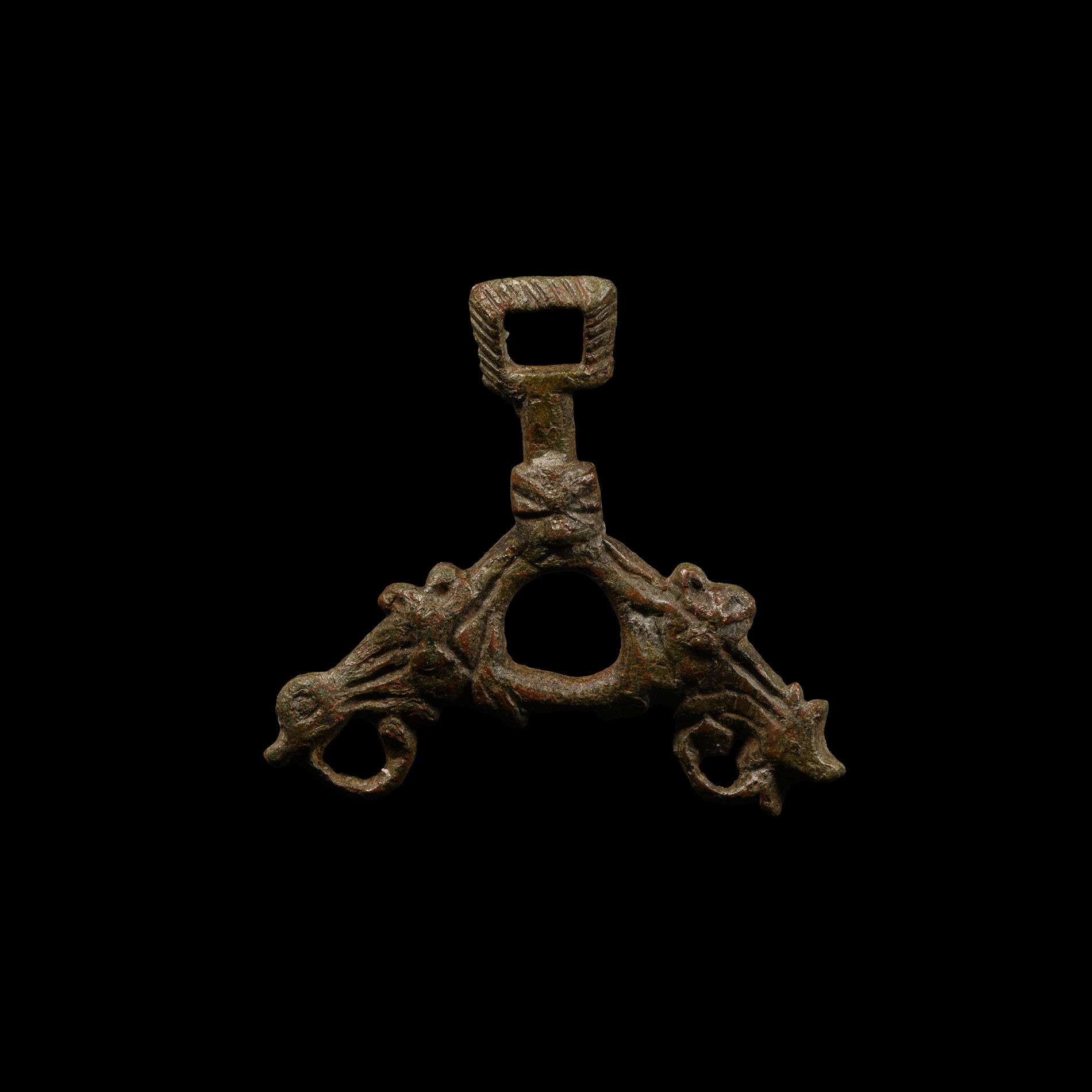 Viking Bronze Bridle Strap Junction with Beast Heads