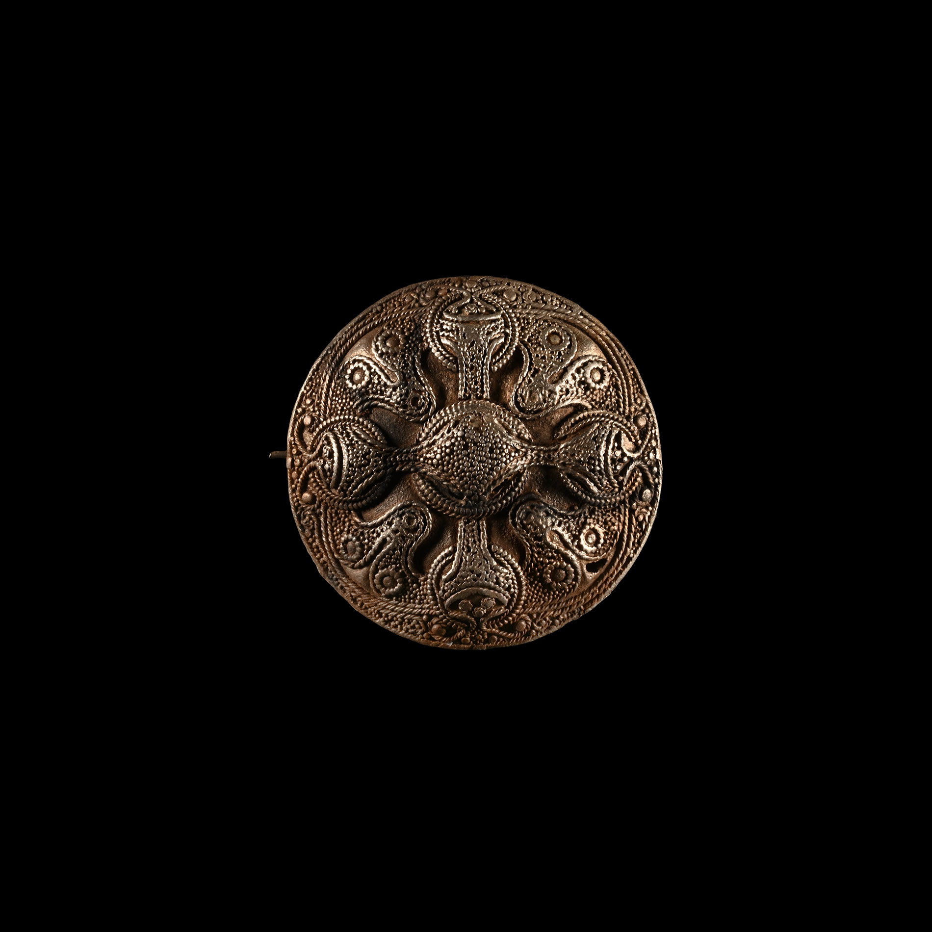 Viking Silver Filigree Brooch with Cross and Beast Heads