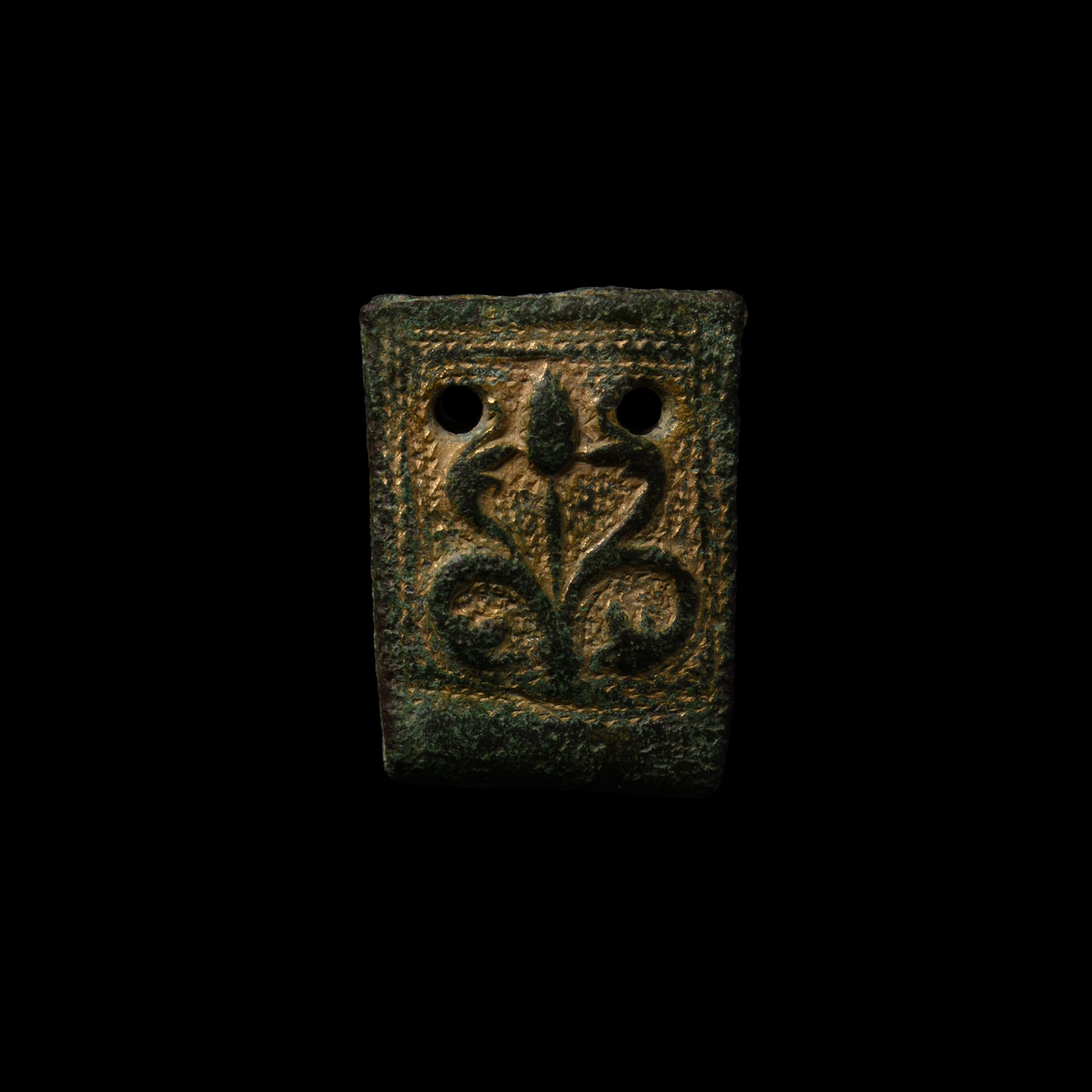 Medieval Gilt Bronze Strap End with Flowering Plant