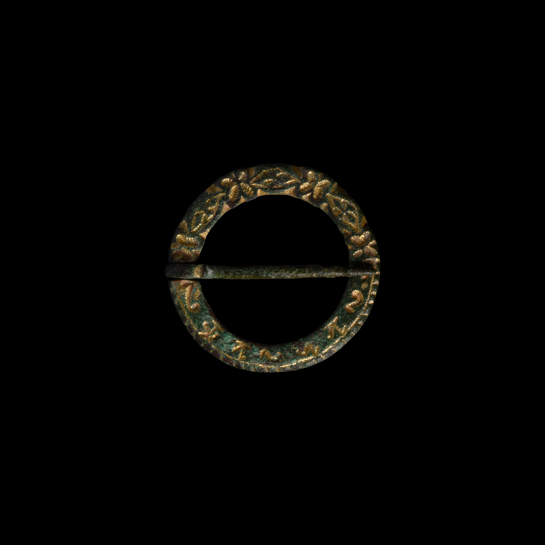 Medieval Gilt Bronze Ring Brooch with Flowers and Magical Symbols