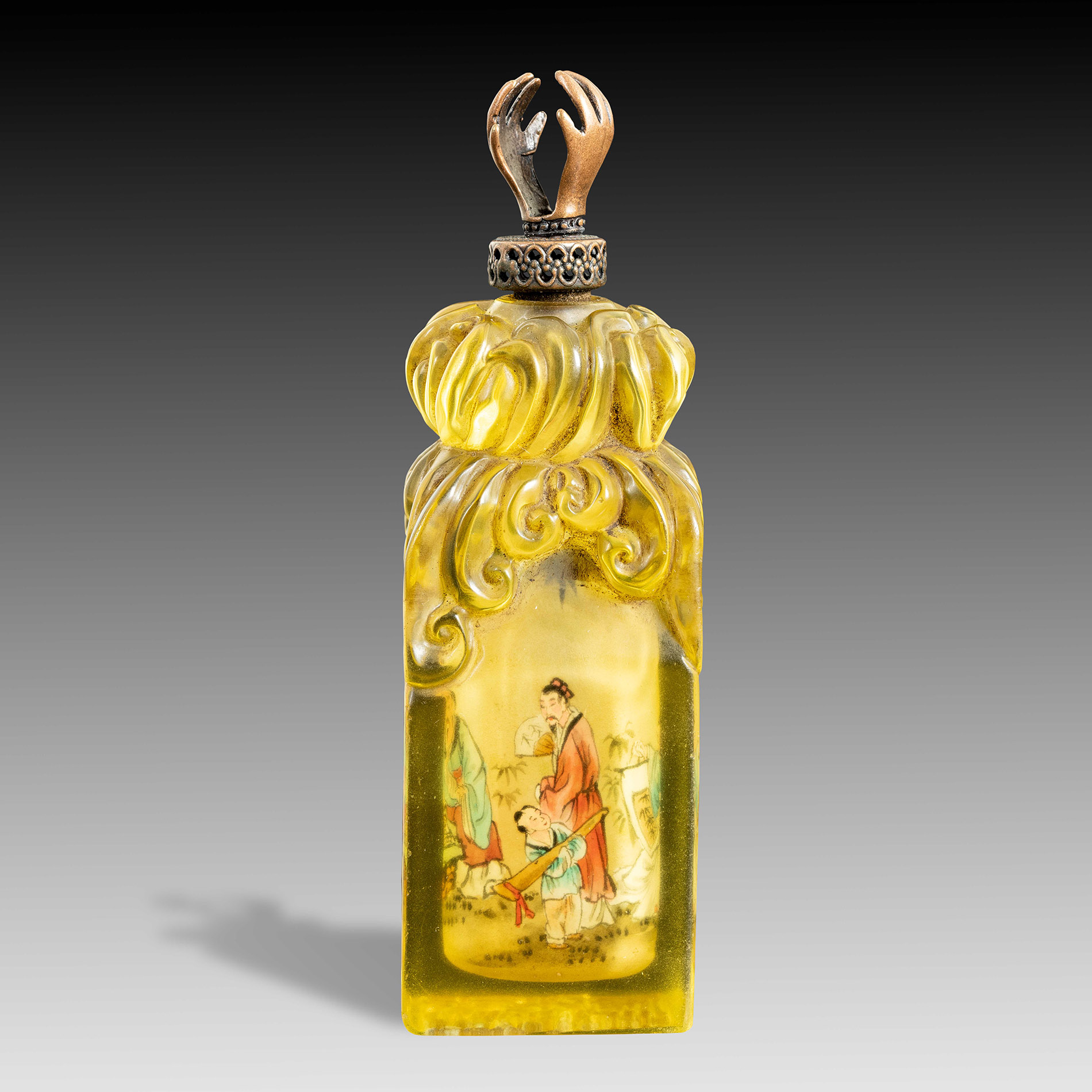 Chinese Glass Snuff Bottle with Figural Scene and Seal Base, Signed Zhou Leyuan