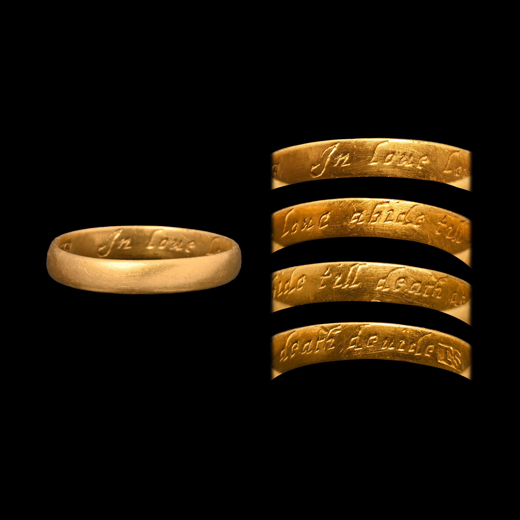 Large Post Medieval 'In Love Love Abide Till Death Divide' Gold Posy Ring