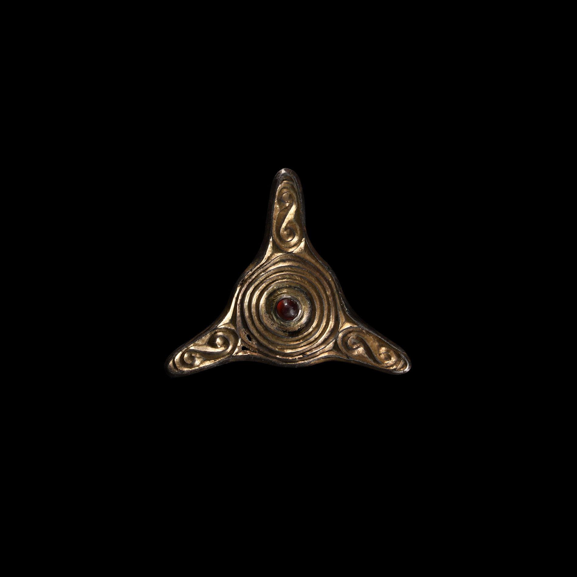 Saxon Age Silver-Gilt Trefoil Brooch with Central Garnet