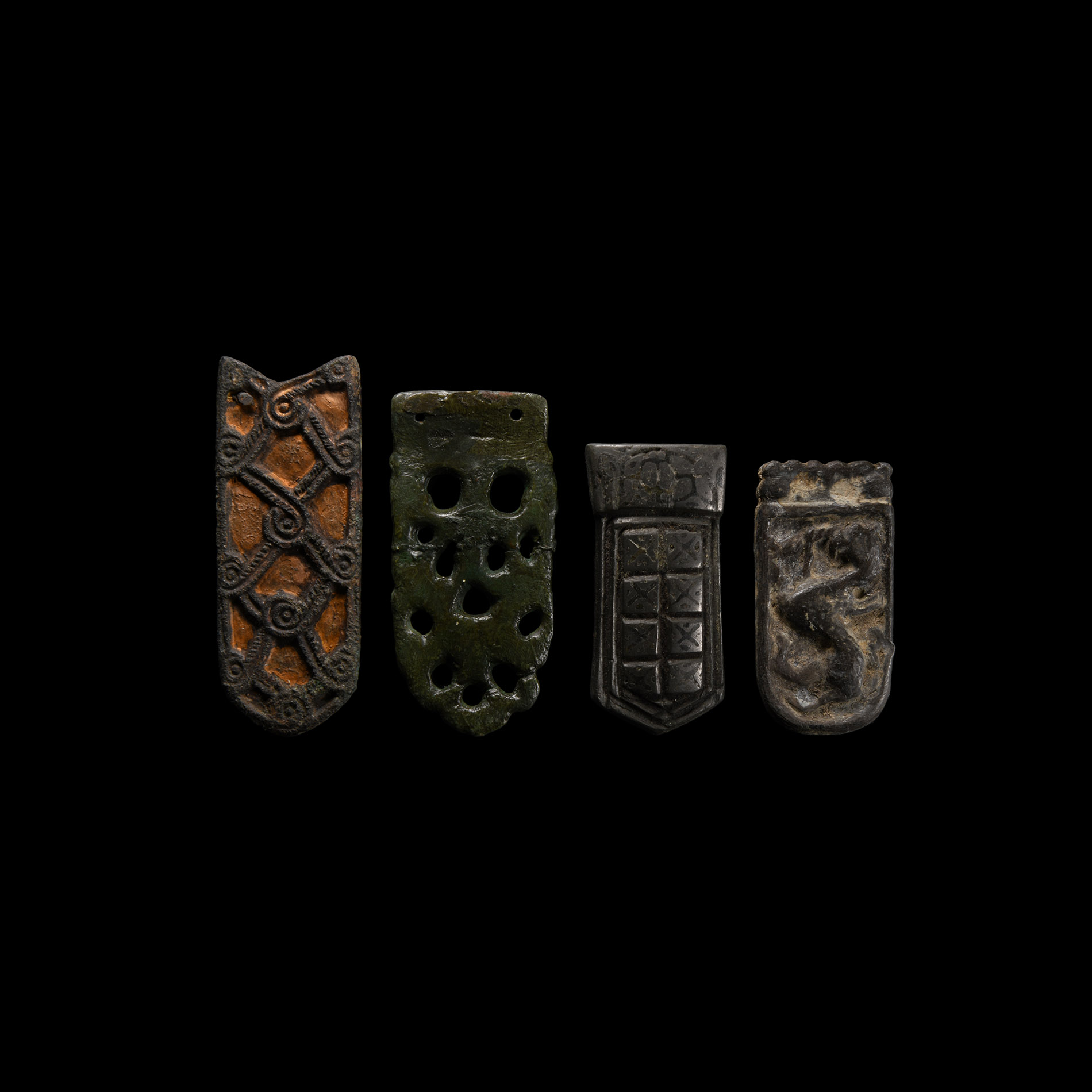 Viking Age Bronze Belt Mount and Strap End Group