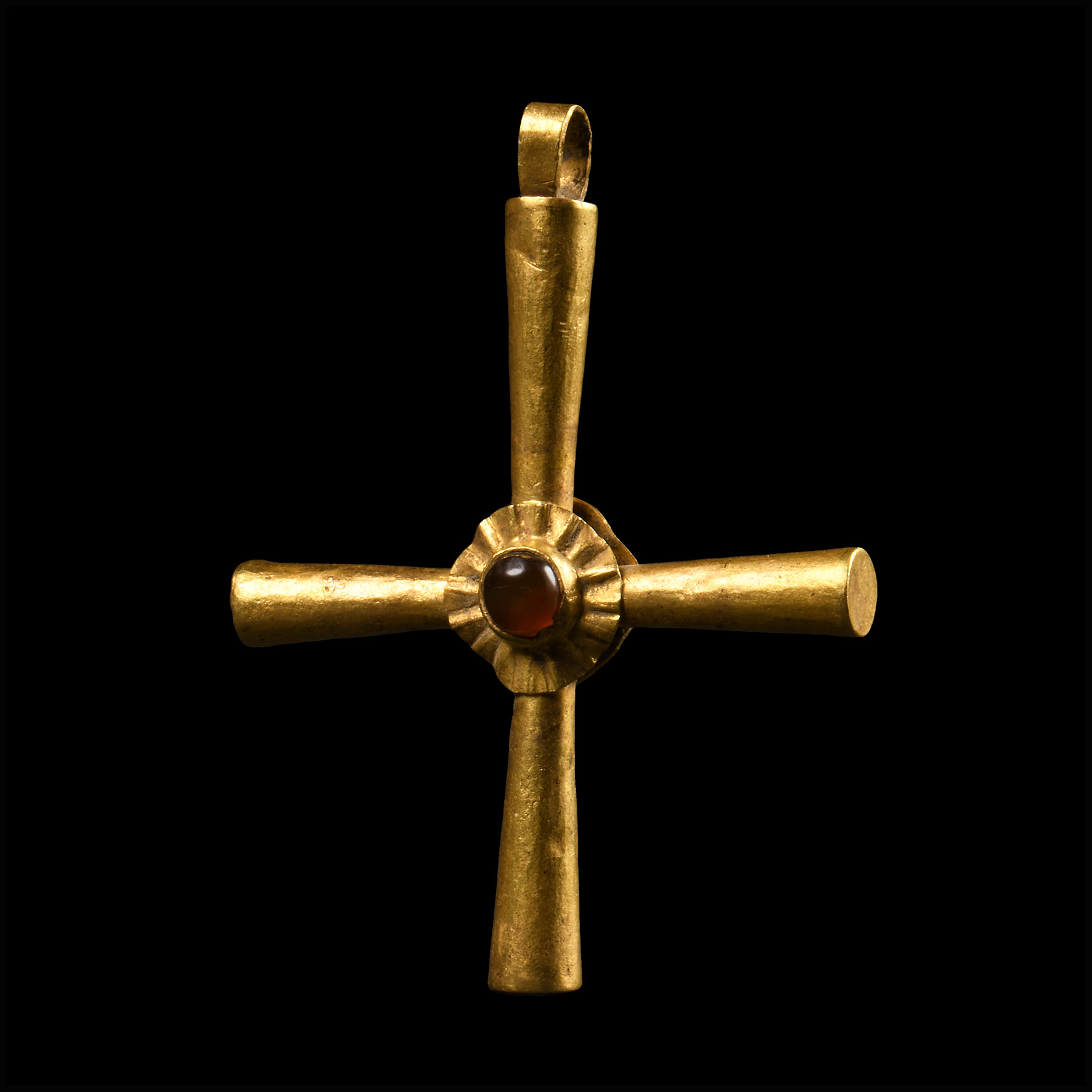 Gold Byzantine Style Cross Pendant with Garnet