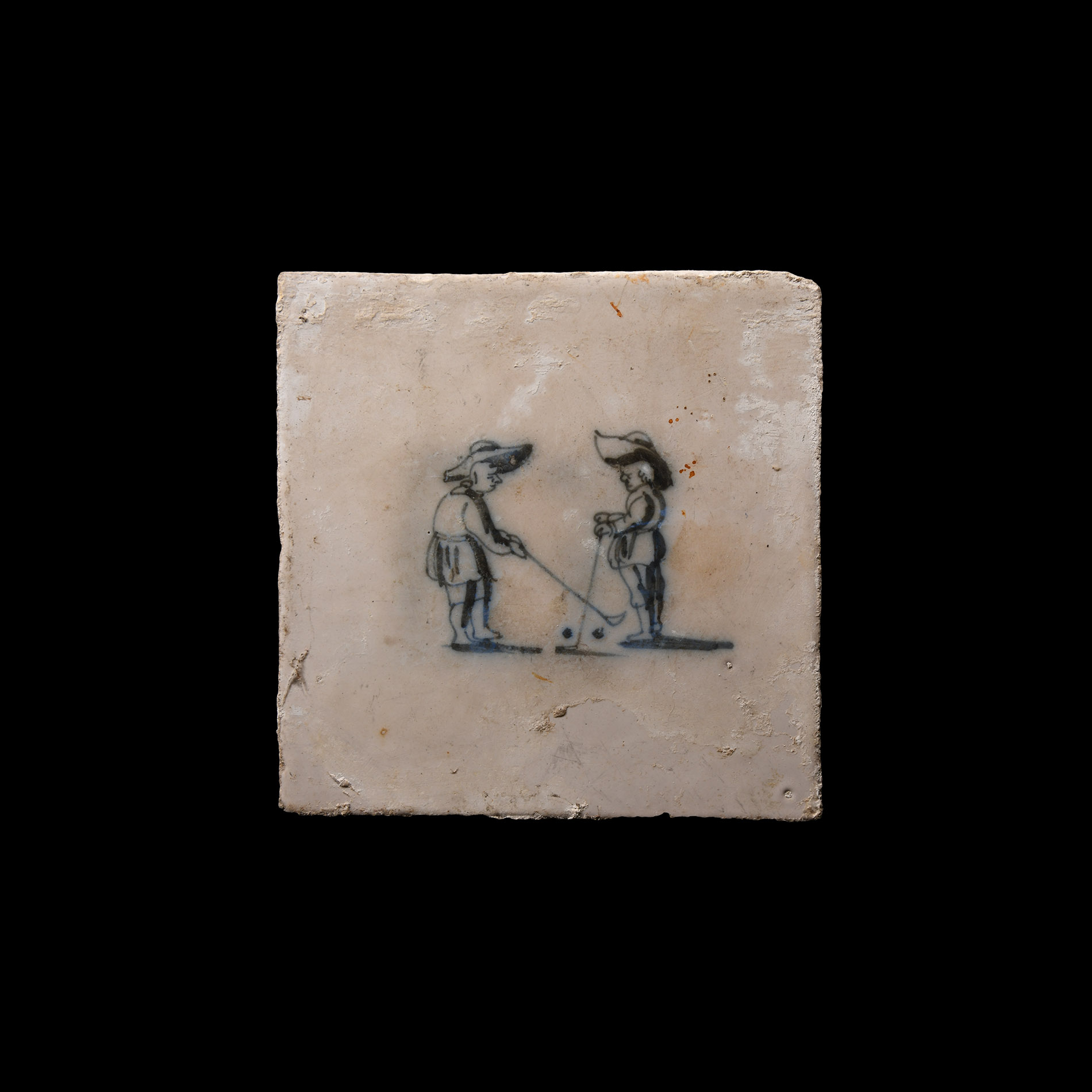 Post Medieval Dutch Glazed Ceramic Tile with Golf Scene