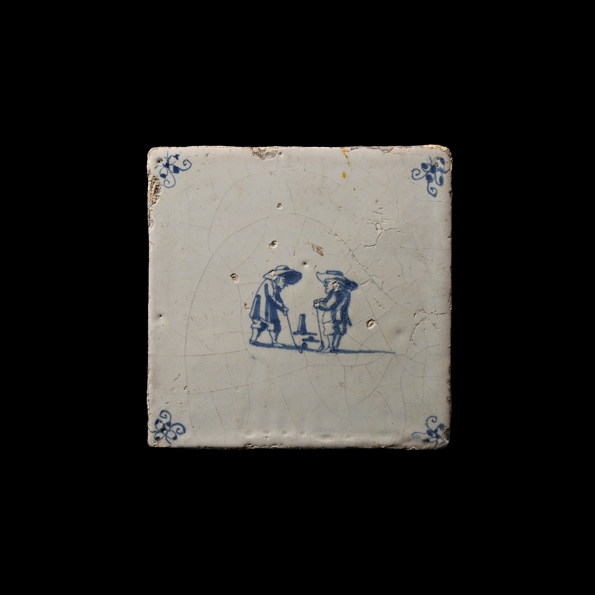 Post Medieval Dutch Glazed Ceramic Tile with Golf Scene
