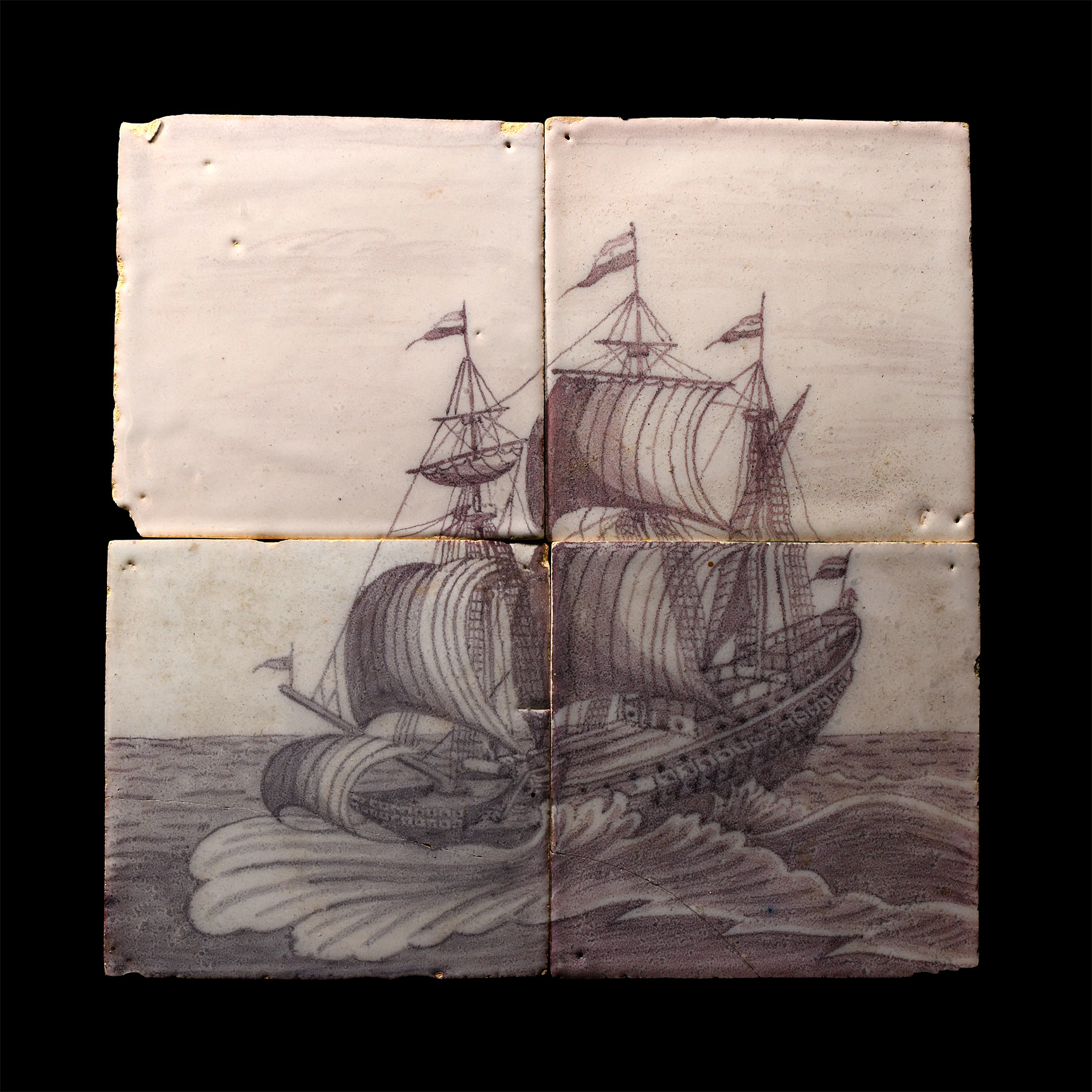 Post Medieval Dutch Glazed Ceramic Boat Tile Set
