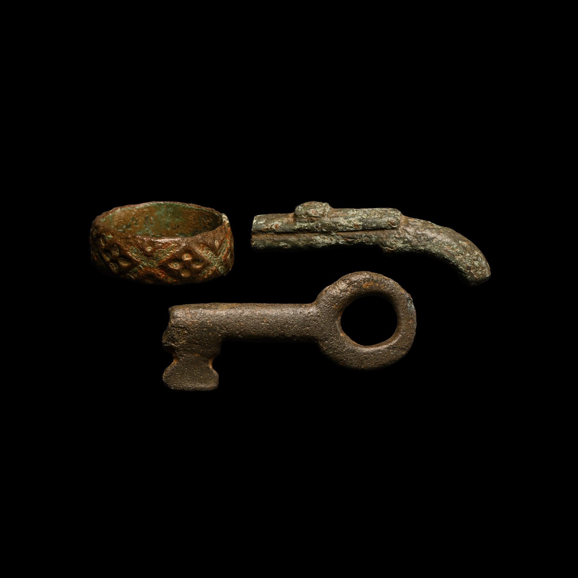 Georgian Toy Bronze Pistol, Ring and Key Group