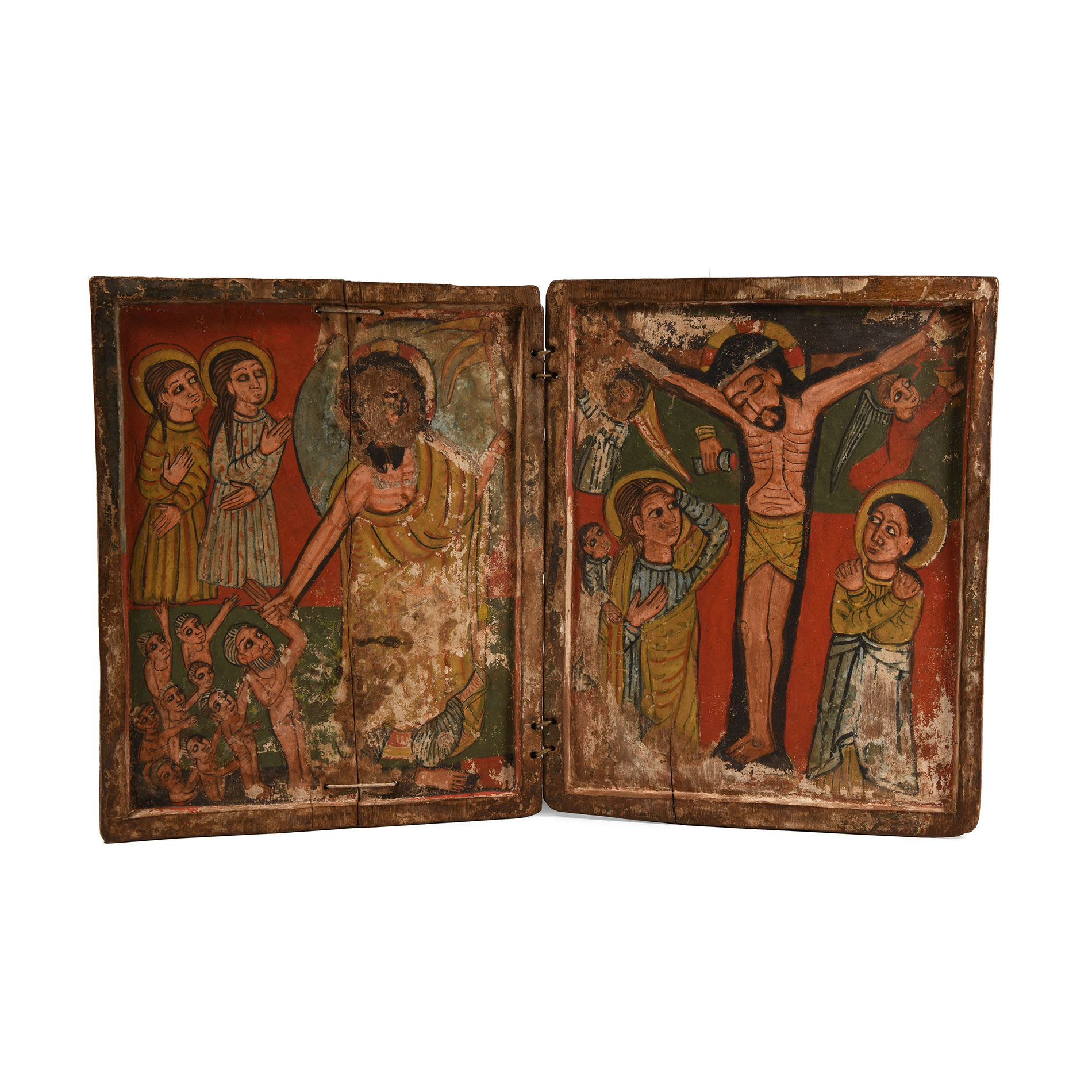 Late Medieval Ethiopian Wooden Diptych Depicting the Crucifixion and Resurrection