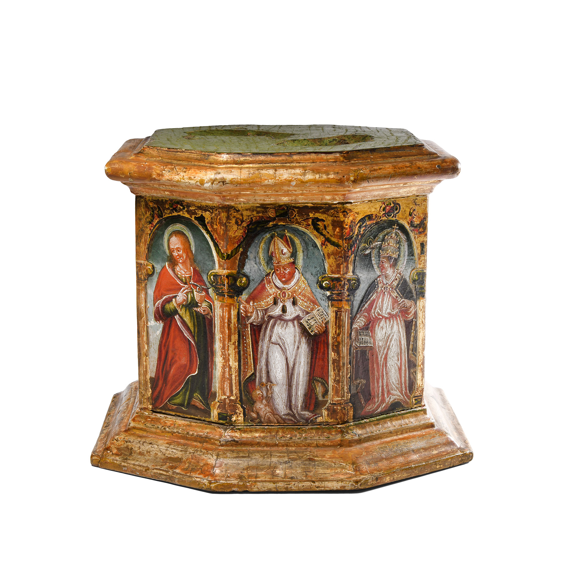 Renaissance Gilt Wooden Octagonal Socle with Paintings of Saints
