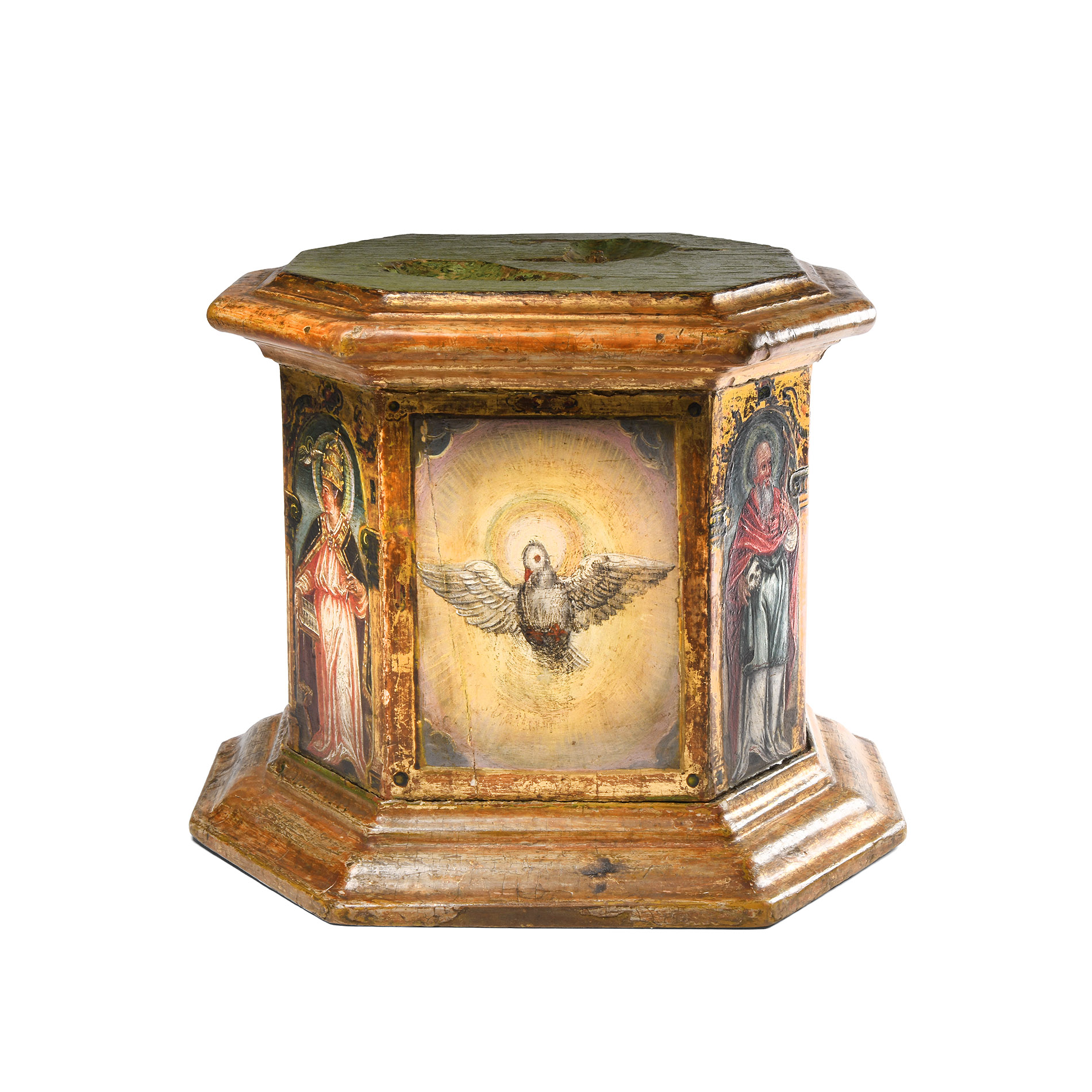 Renaissance Gilt Wooden Octagonal Socle with Paintings of Saints