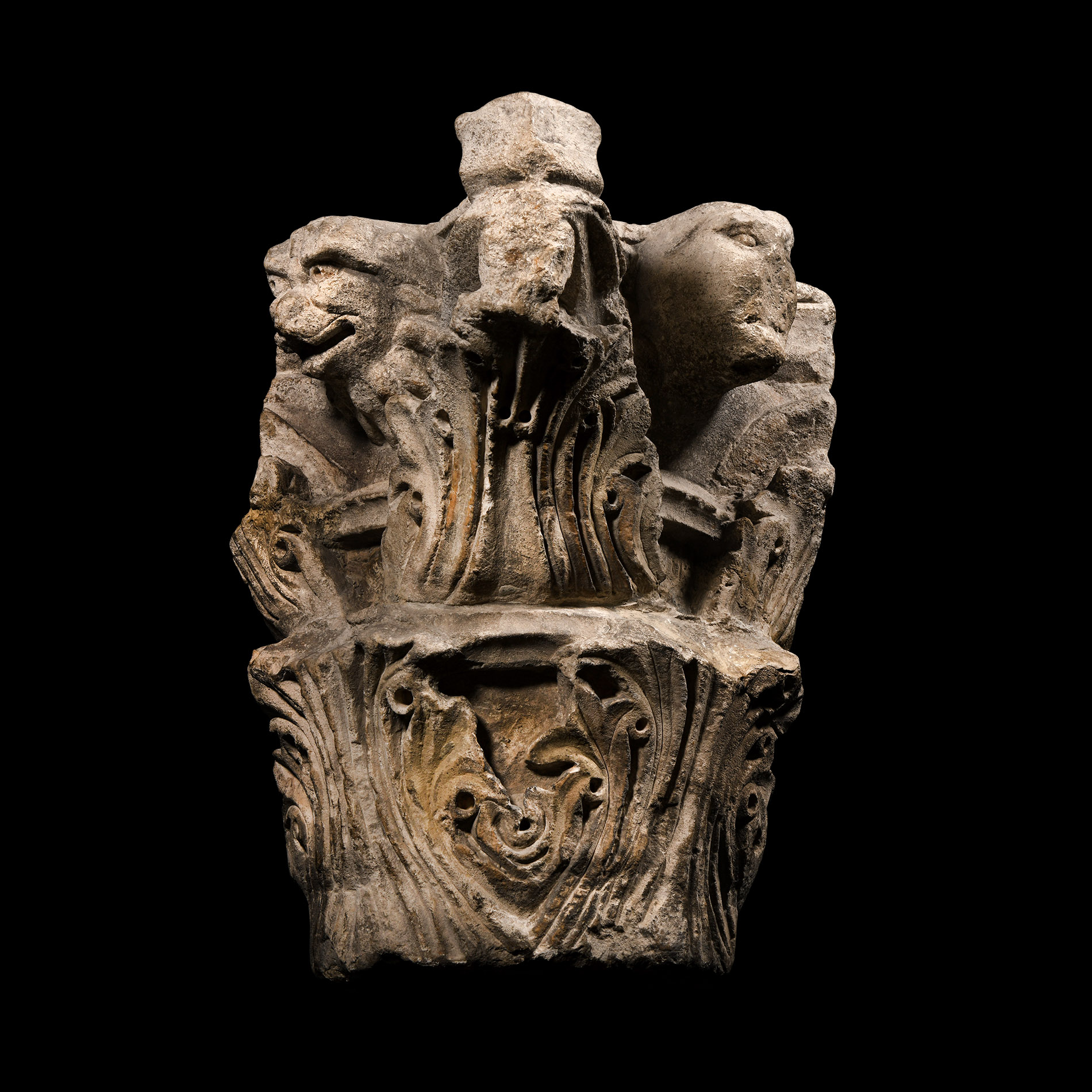 Medieval Stone Column Capital with Lion and Human Face