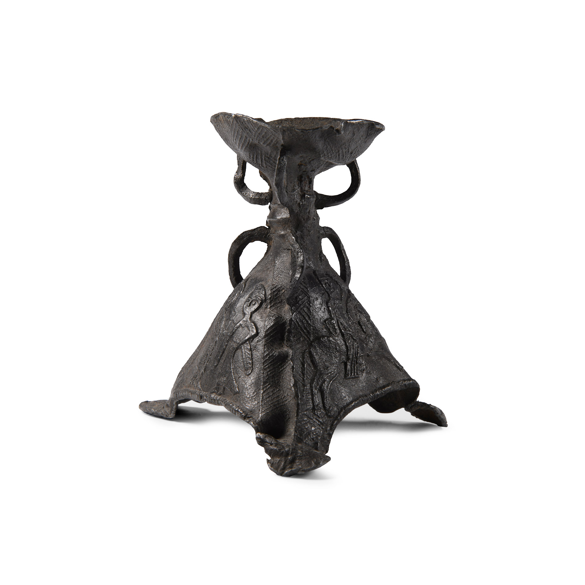 Medieval Pewter Tripod Candlestick with Relief Decoration
