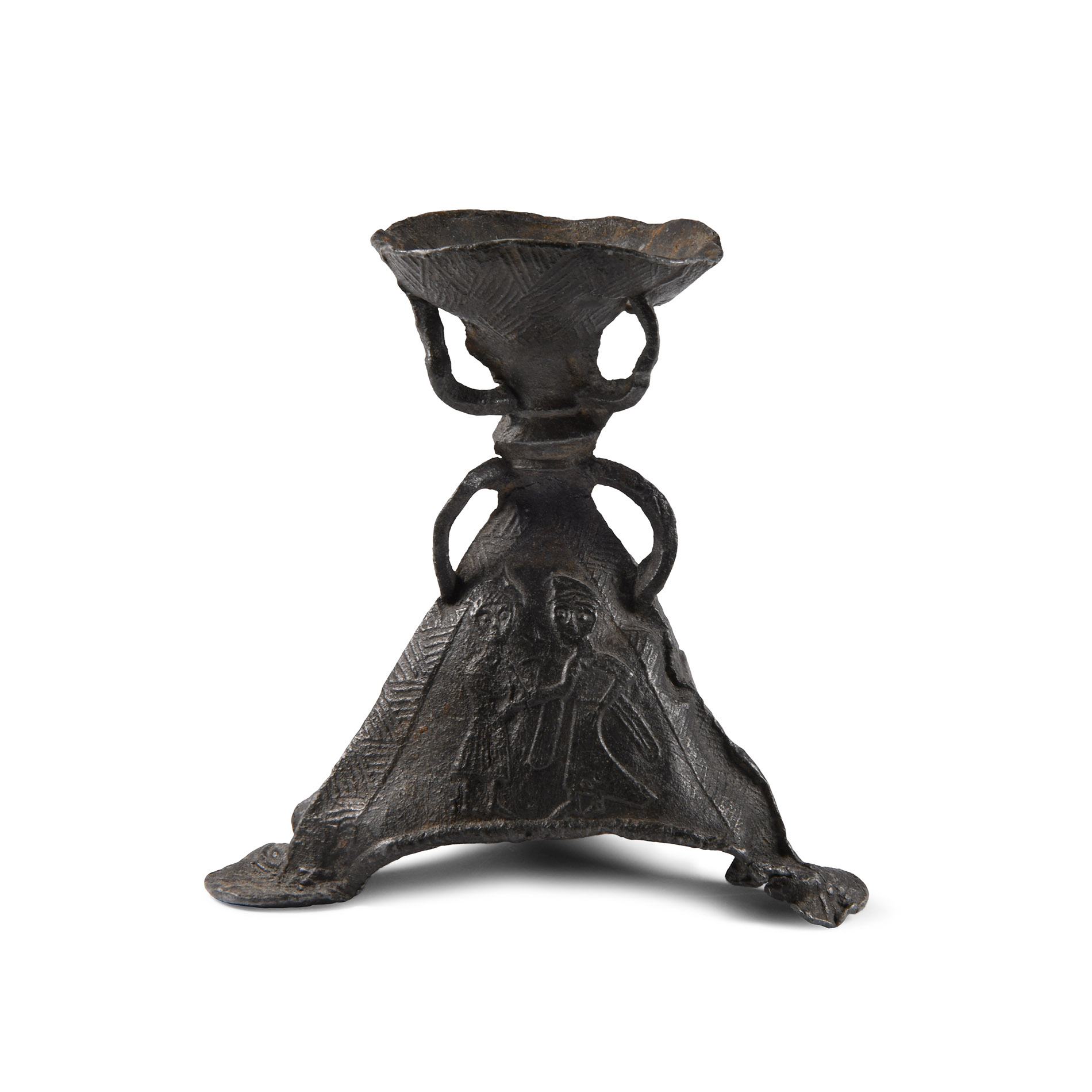 Medieval Pewter Tripod Candlestick with Relief Decoration
