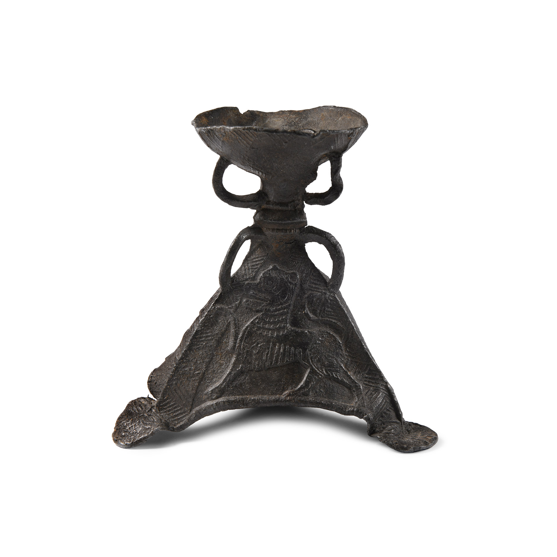 Medieval Pewter Tripod Candlestick with Relief Decoration
