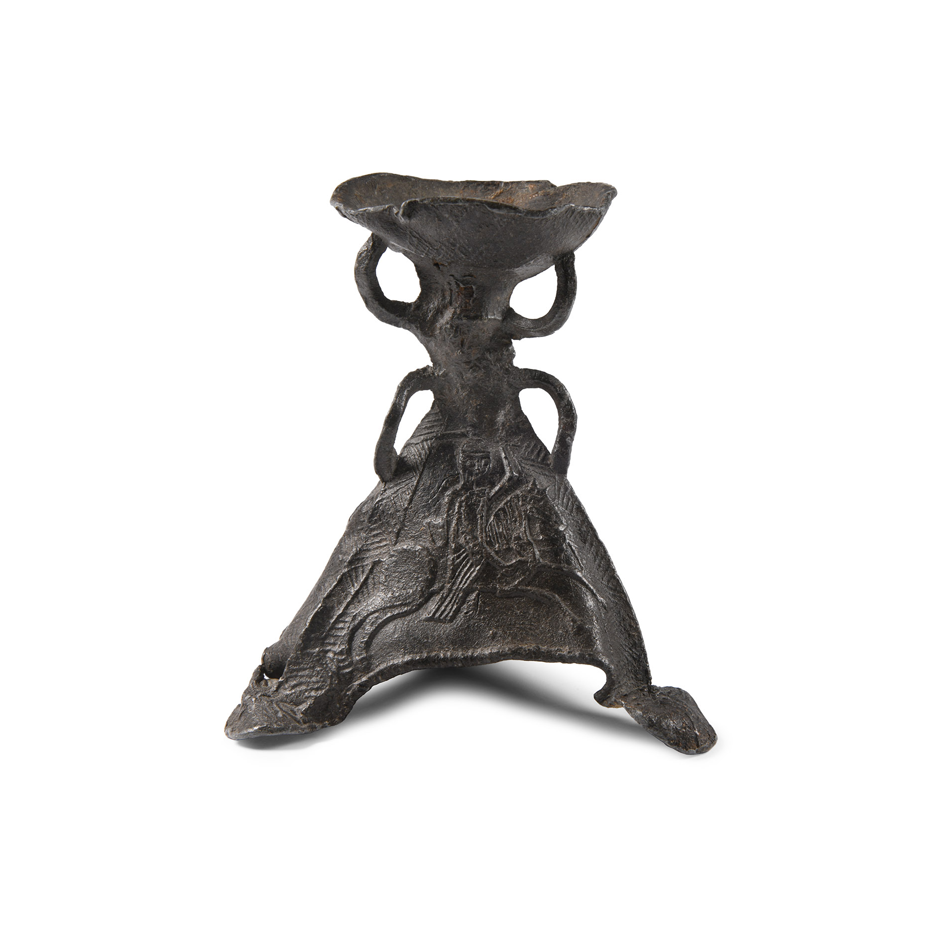 Medieval Pewter Tripod Candlestick with Relief Decoration