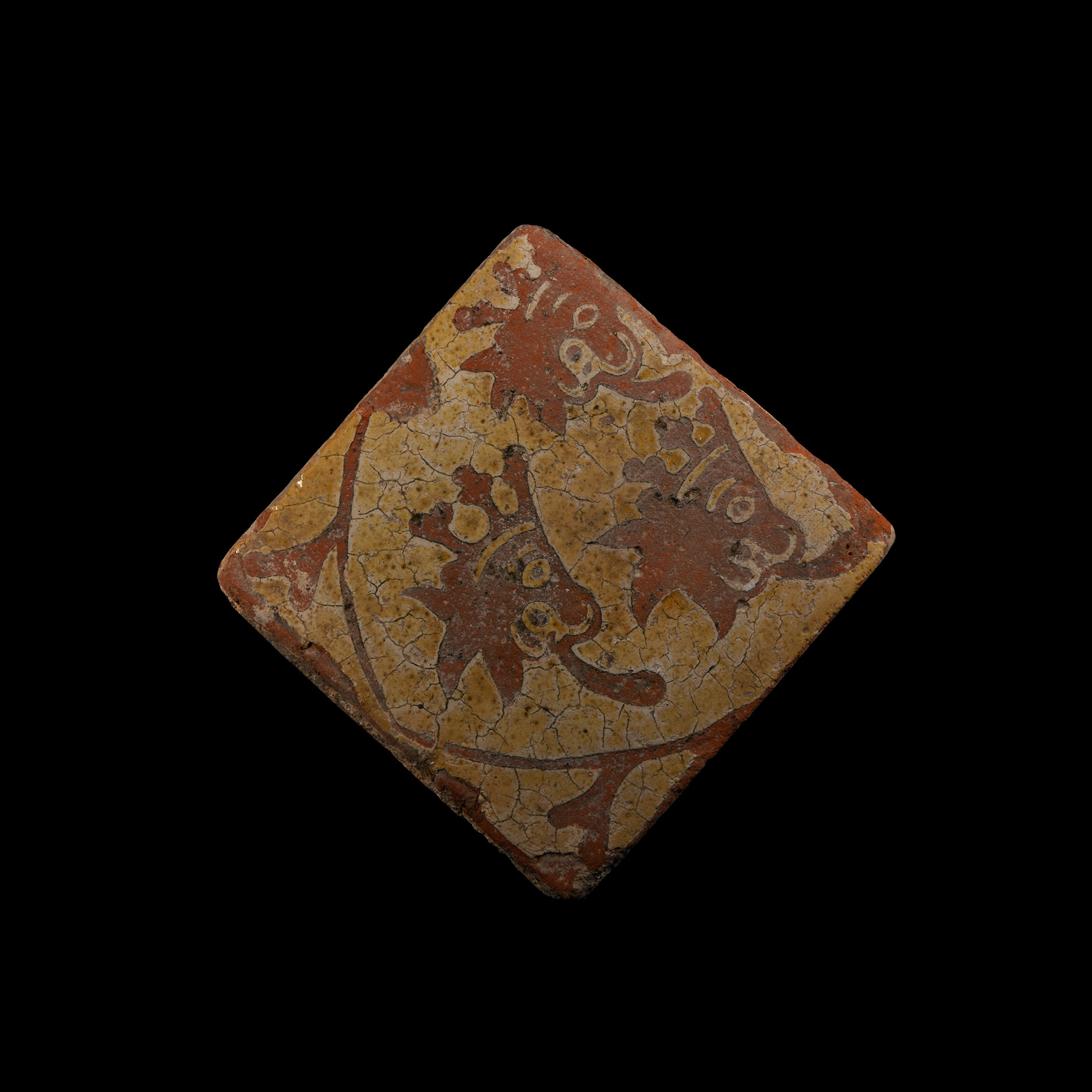 Medieval Glazed Ceramic Tile with Three Crowned Lions in Heraldic Shield