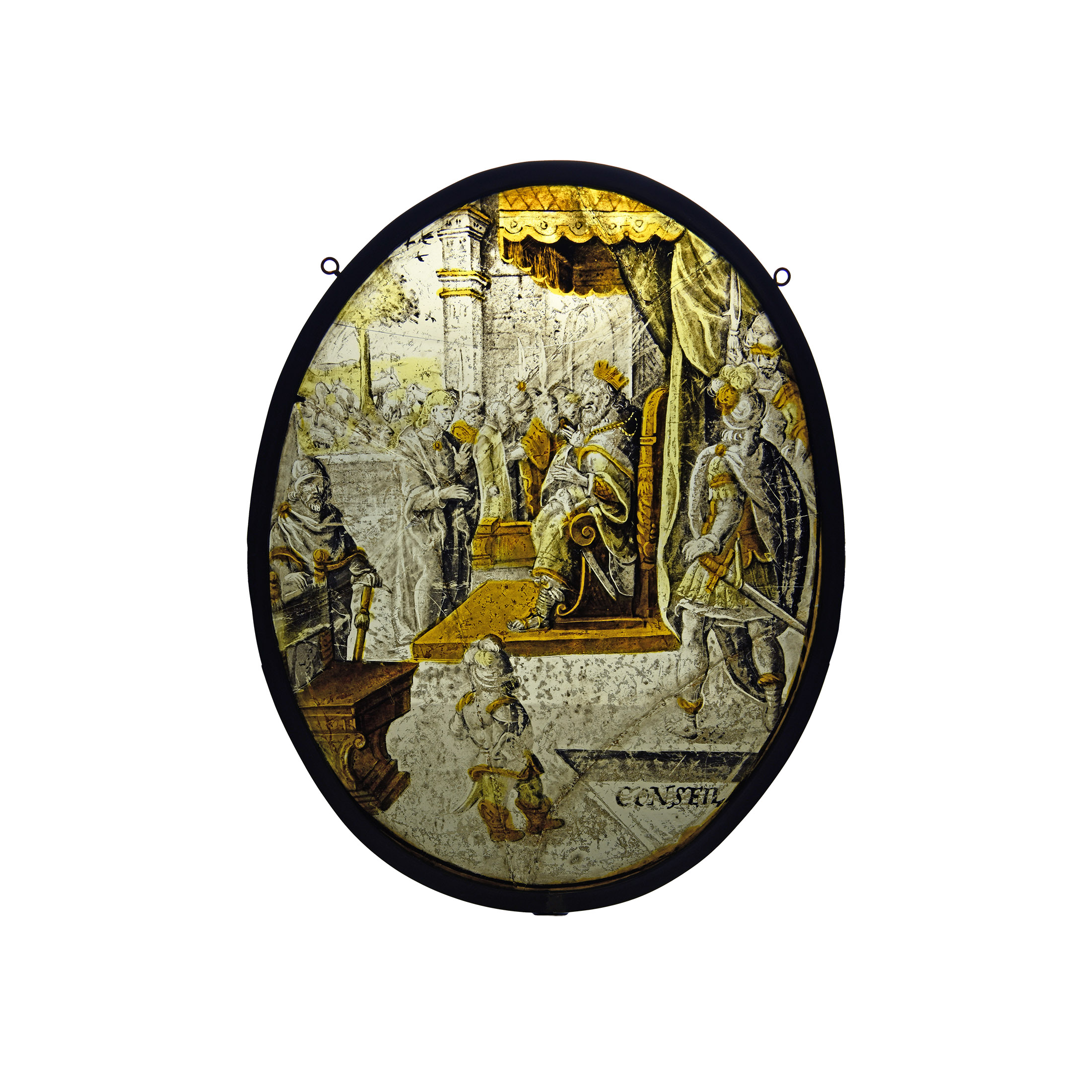 Medieval Stained Glass Roundel with Joseph in Front of the Pharaoh