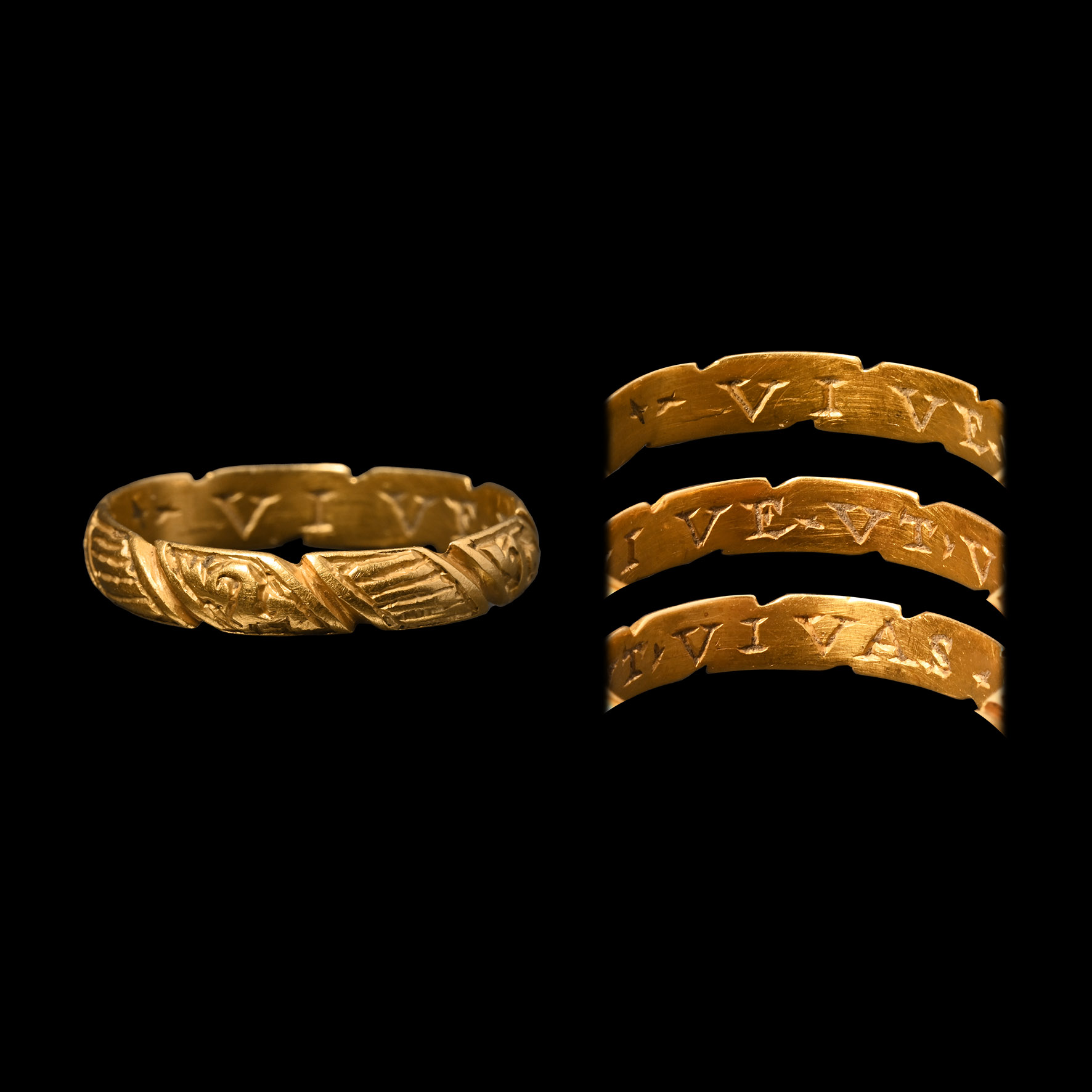 Post Medieval Gold 'Live Life to the Full' Decorated Posy Ring