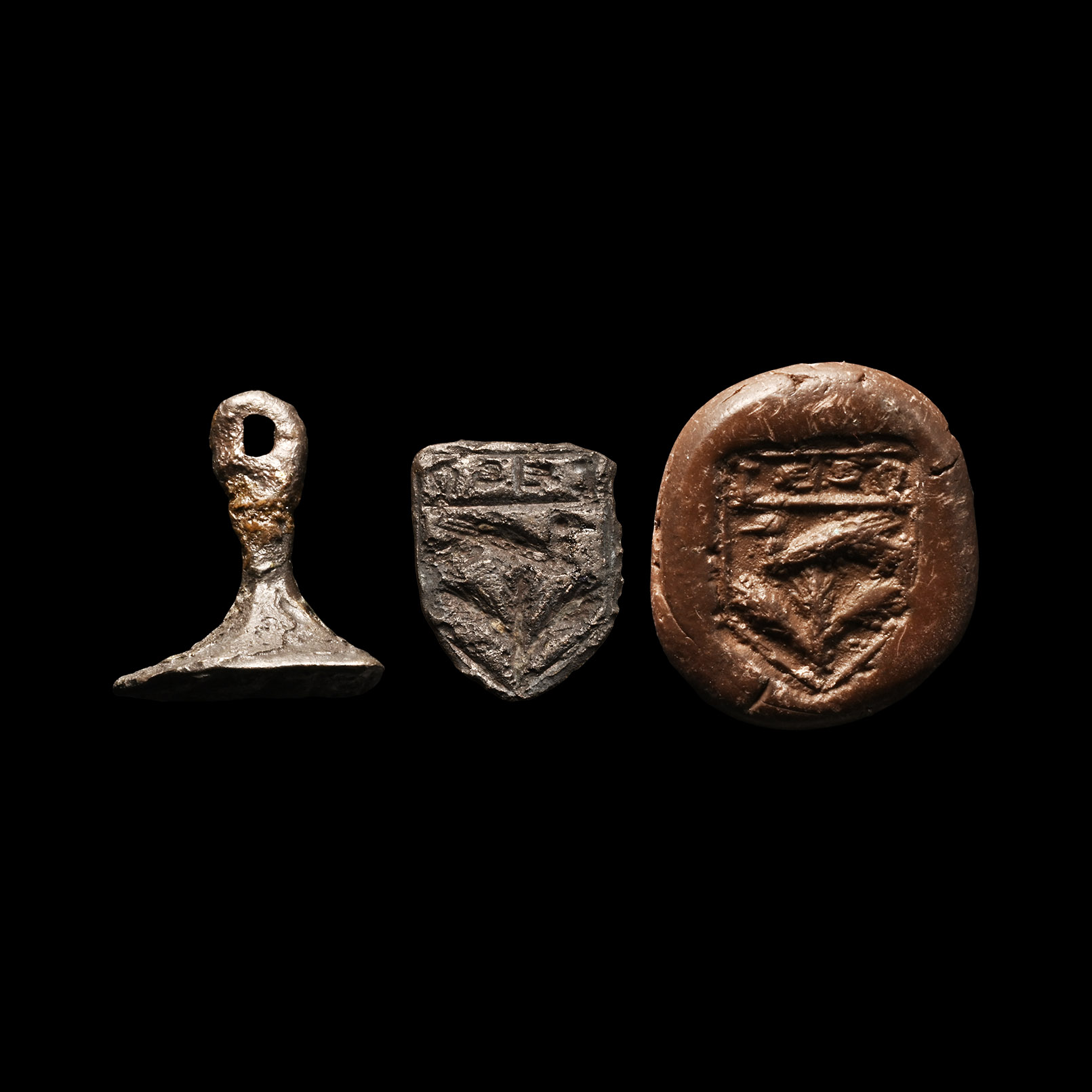 Medieval Bronze Shield-Shaped Seal Matrix with Bird