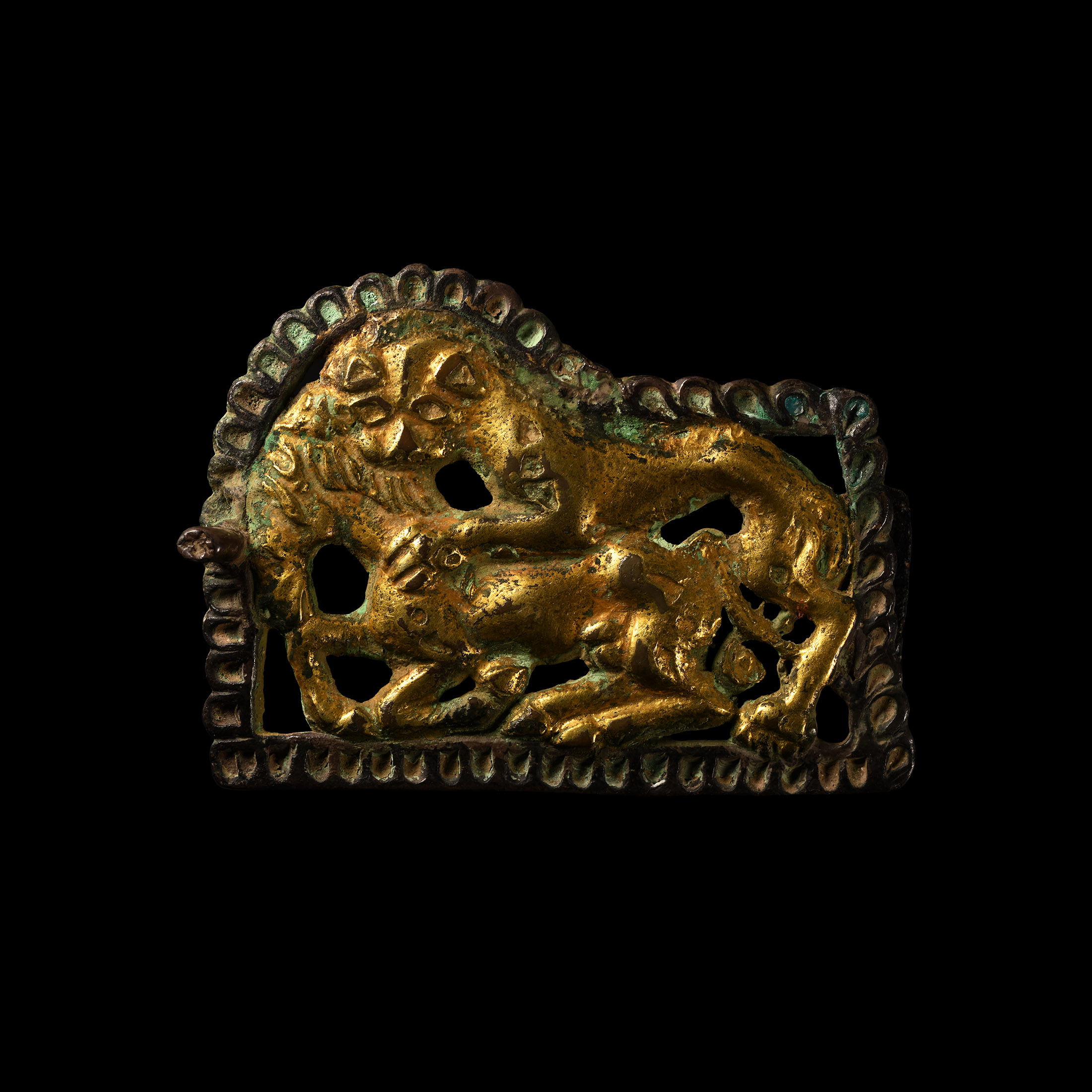 Central Asian Silver-Gilt Zoomorphic Belt Plaque with Attack Scene