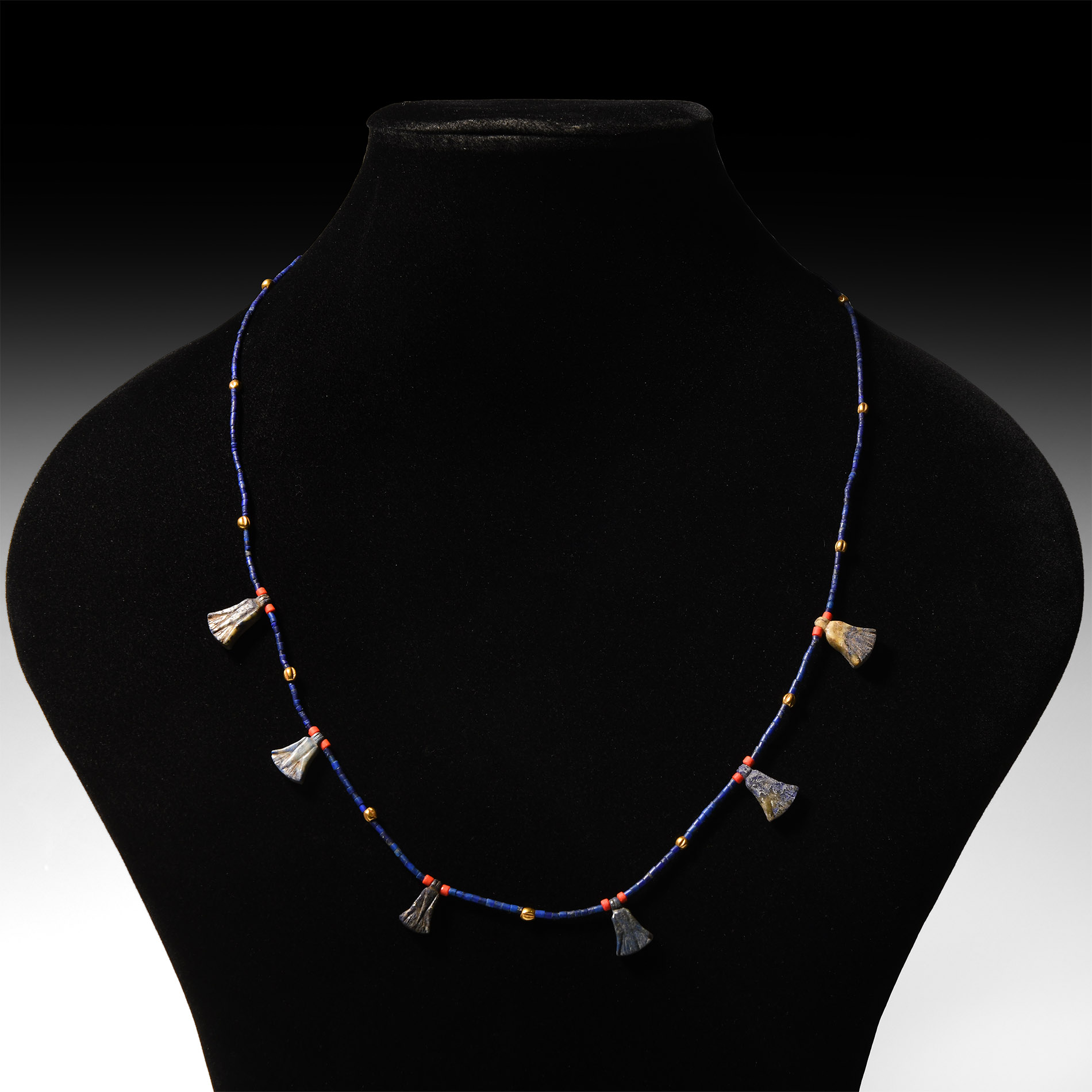 Egyptian Lapis Lazuli Necklace with Papyrus Flower Amulets