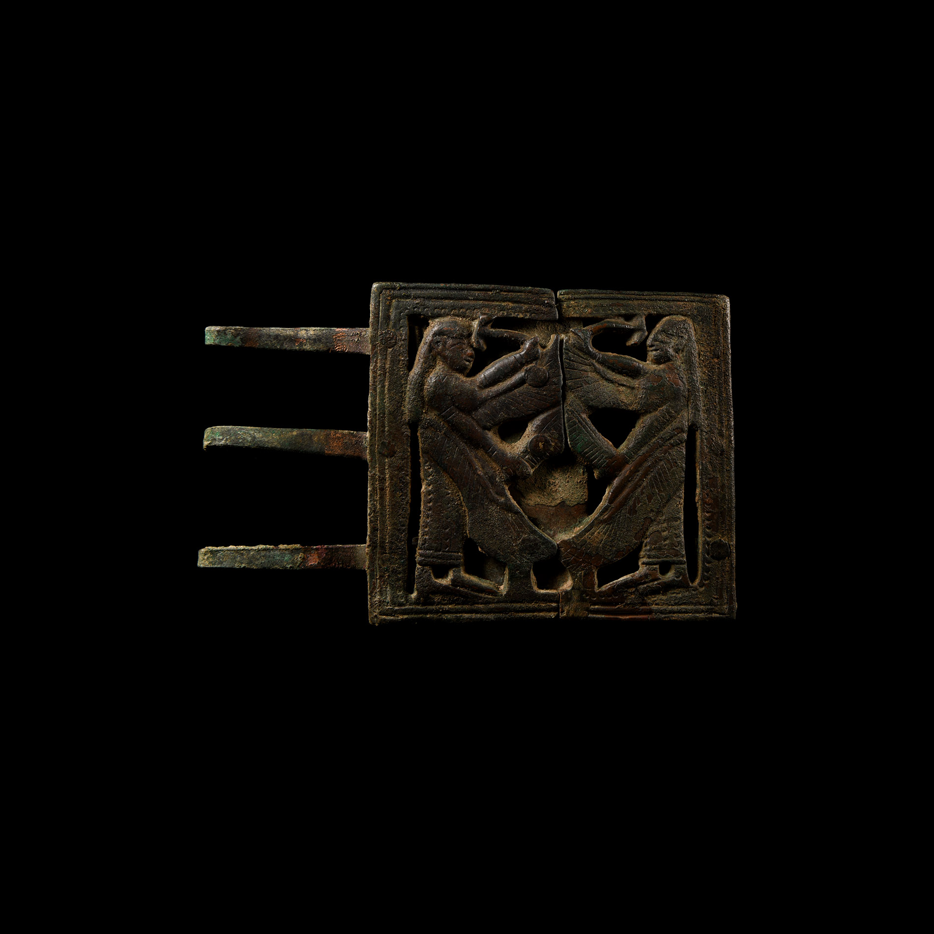 Neo-Assyrian Bronze Two-Piece Belt Buckle with Winged Genii