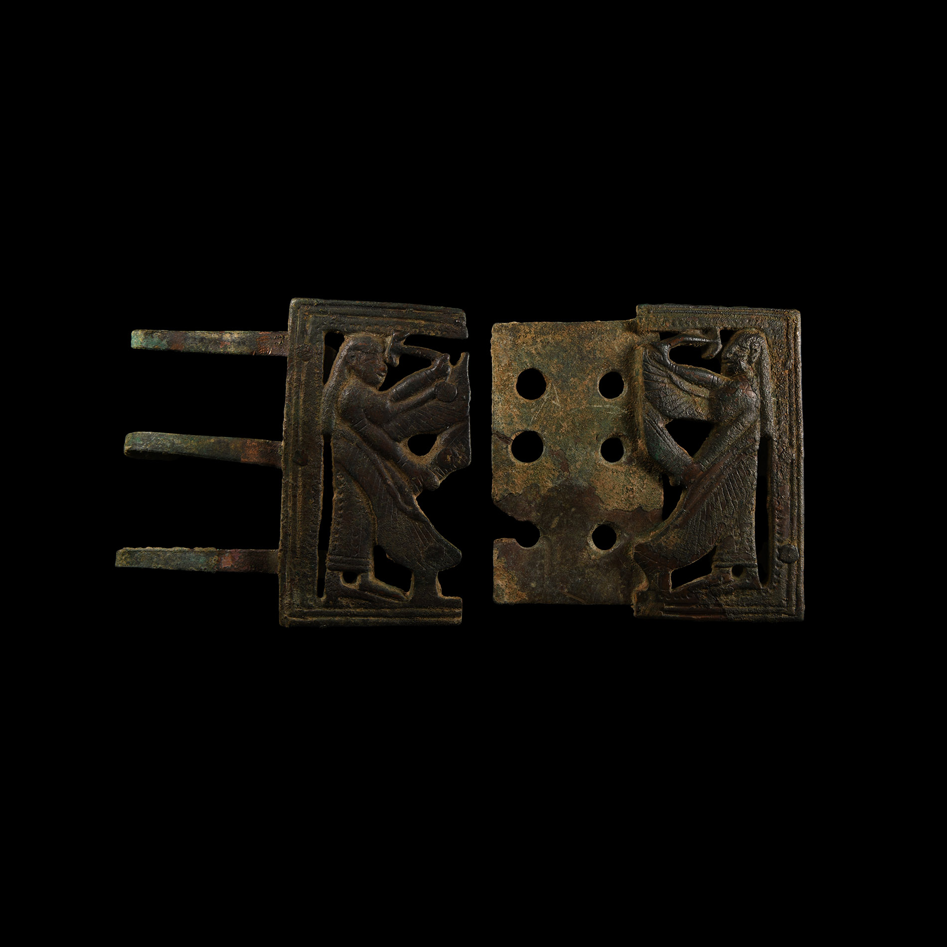 Neo-Assyrian Bronze Two-Piece Belt Buckle with Winged Genii