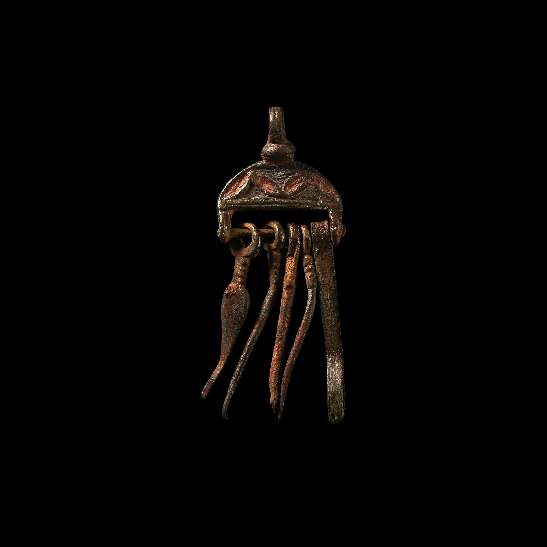 Romano-British Bronze Chatelaine Hanger with Toilet Implements