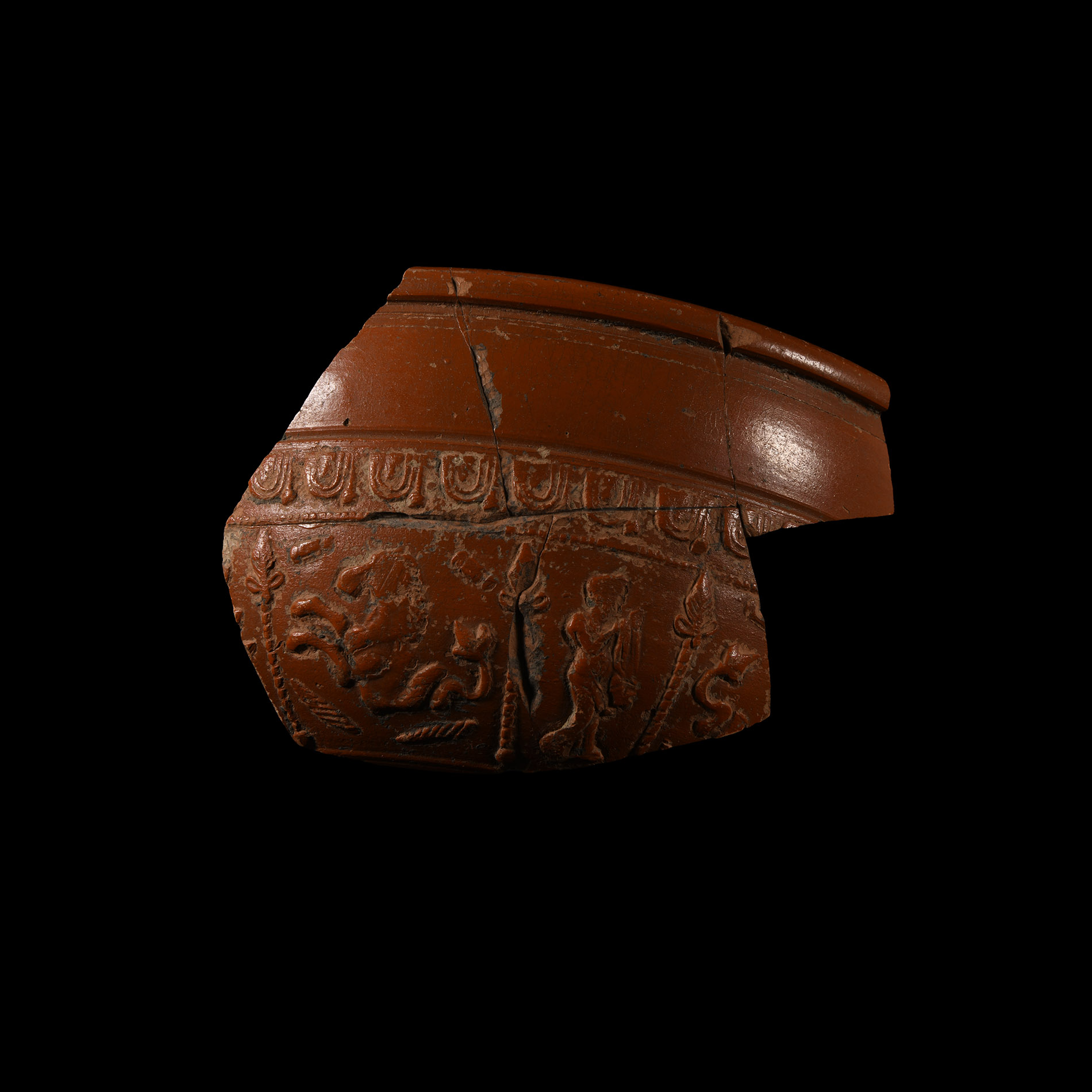 Roman Redware Bowl Fragment with Hippocampus and Standing Nereid