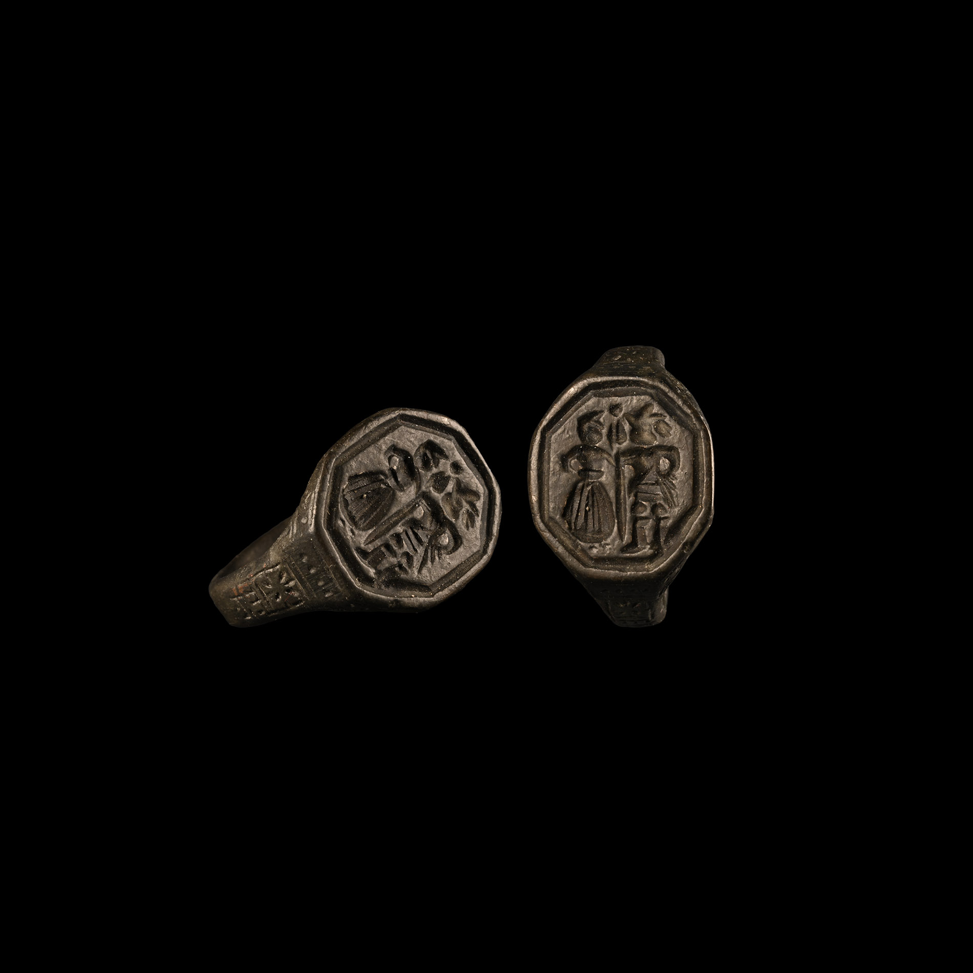 Medieval Bronze Ring with Facing Couple