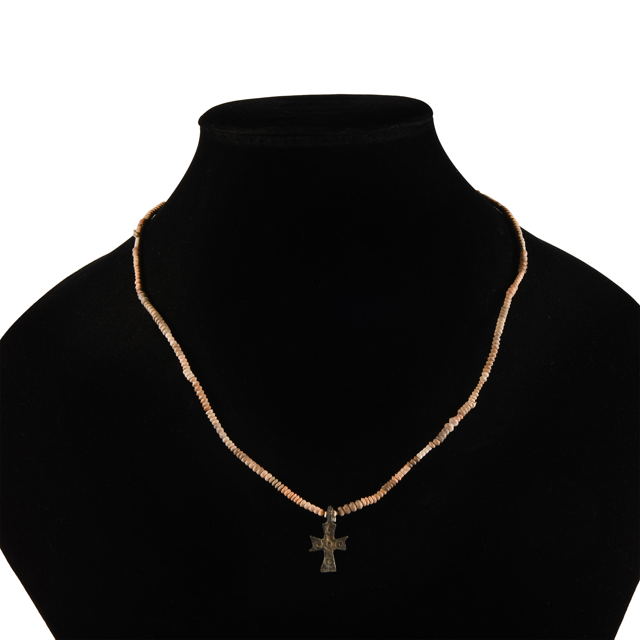 Byzantine Bronze Cross Pendant with Bead Necklace