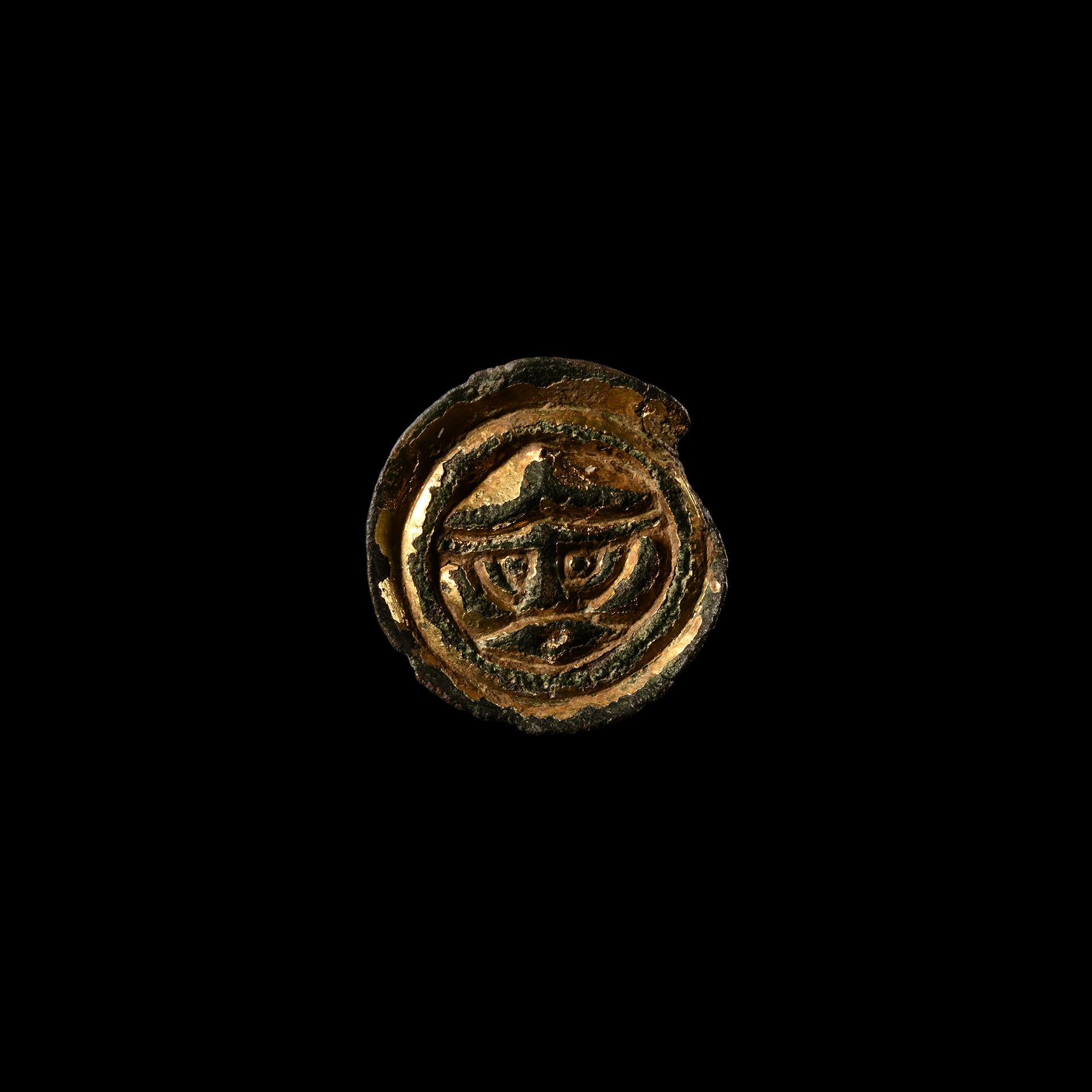 Anglo-Saxon Gilt Bronze Button Brooch with Helmetted Warrior