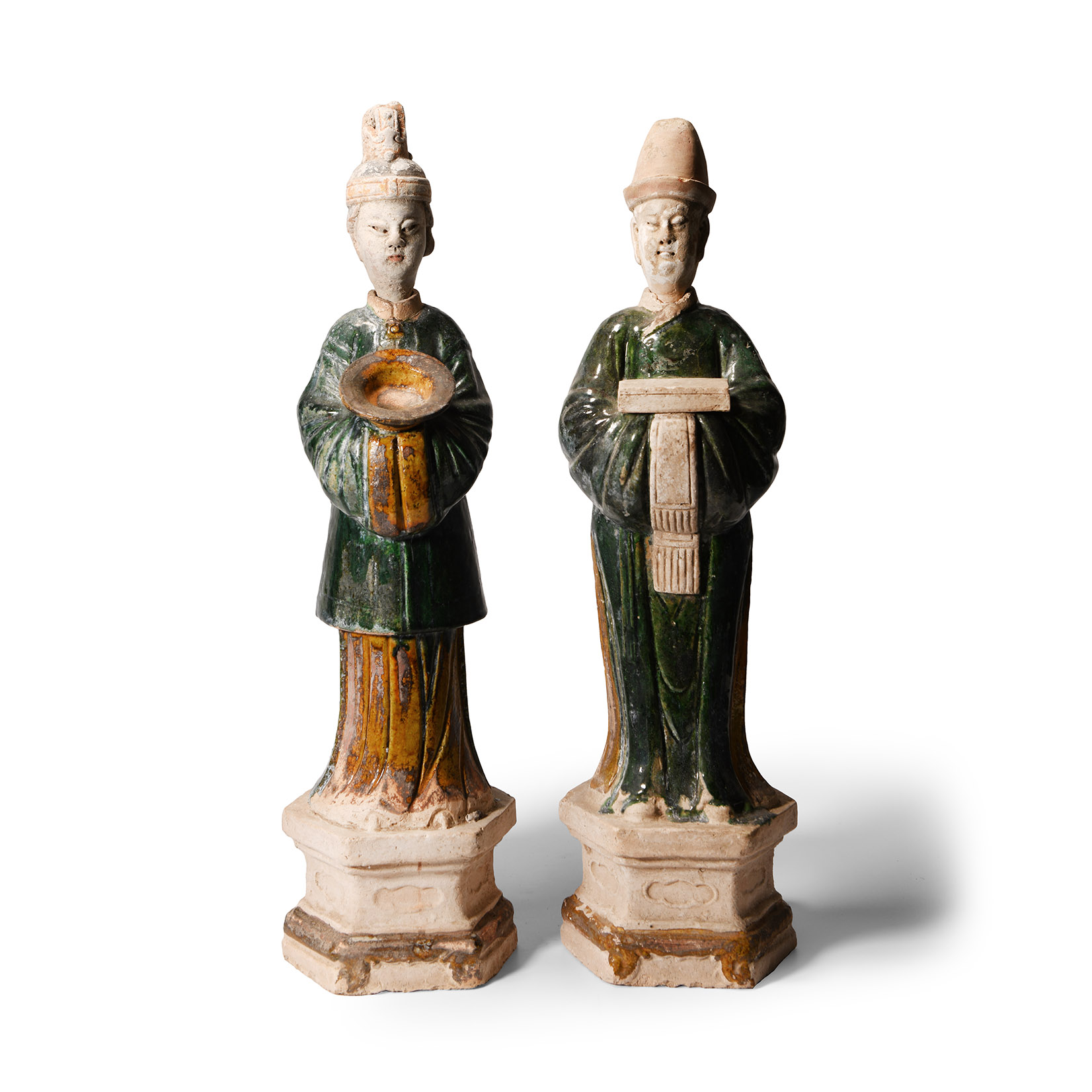 Large Chinese Late Ming Glazed Ceramic Attendant Pair