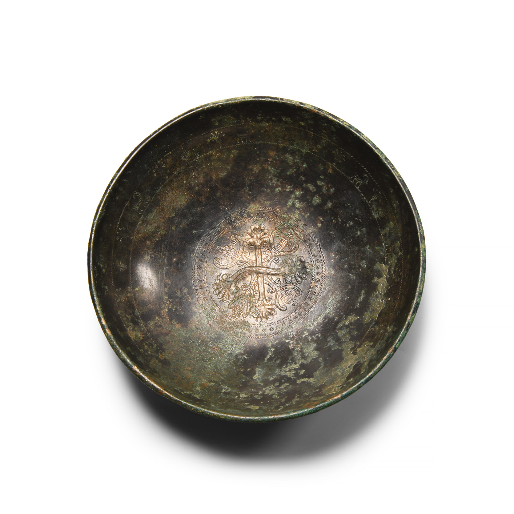 Heavy Egypto-Persian Bronze Phiale with Ibexes, Leonine-Headed Aegis, Pseudo-Cartouches, and Lotus Flowers