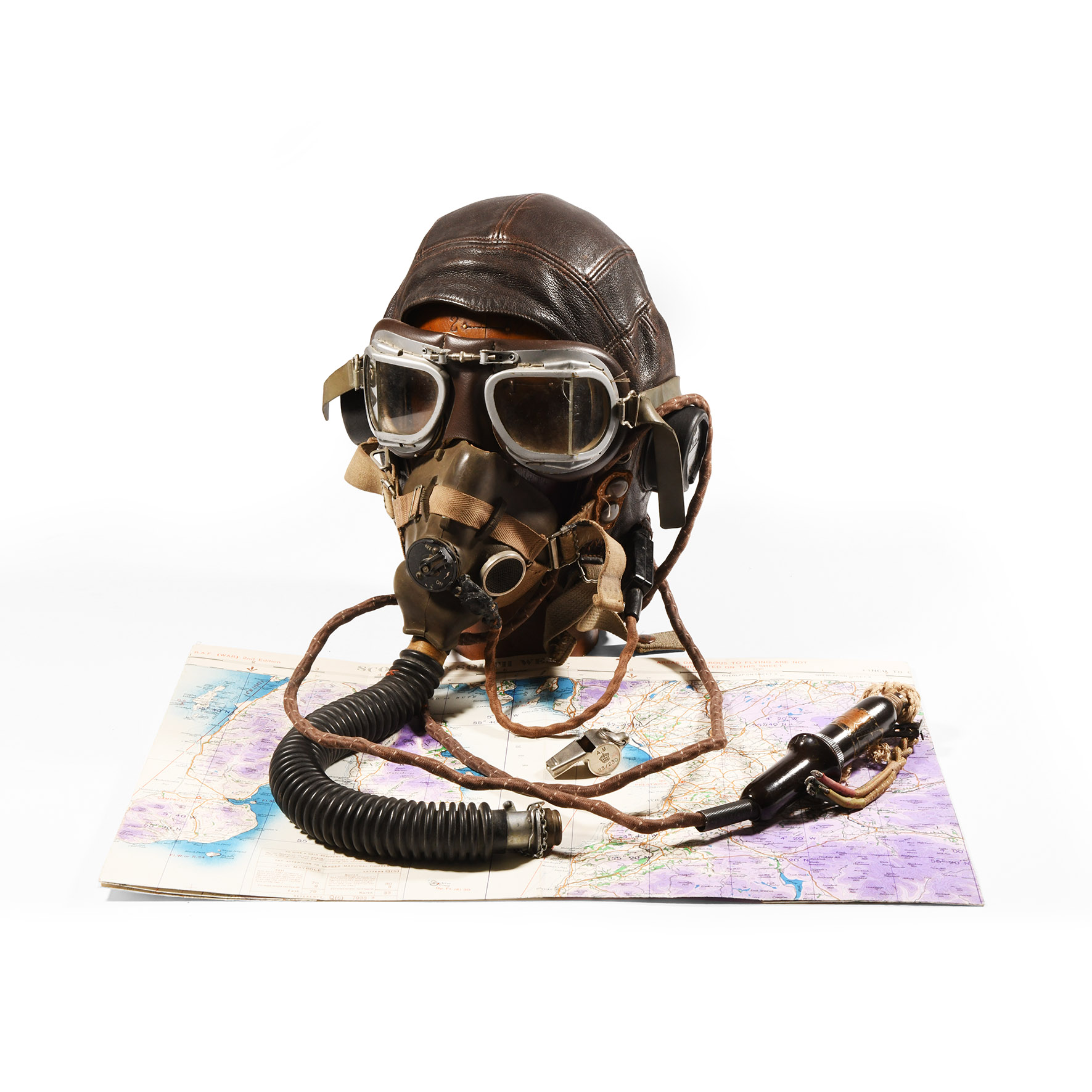 WWII 'RAF' Bomber (Mosquito) Helmet, Map and Whistle Group