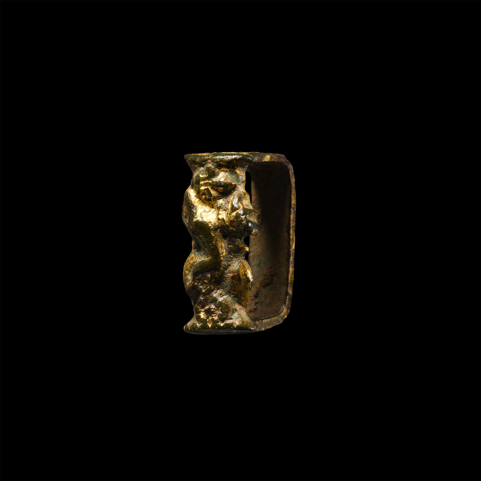 Tudor or Stuart Gilt Bronze Strap Fitting with Hunting Scene