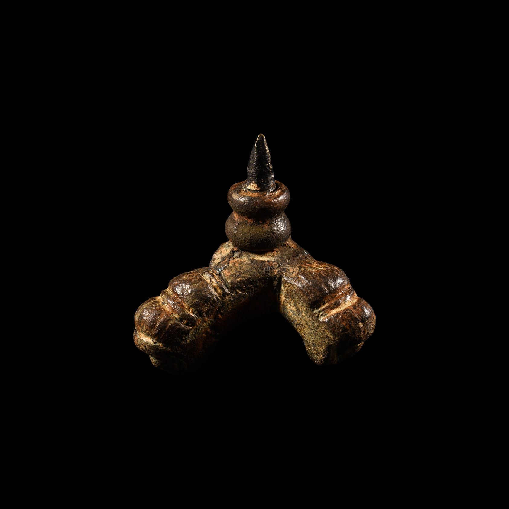Anglo-Norman Gilt Bronze Travelling Pricket Candle Stick with Beast Heads