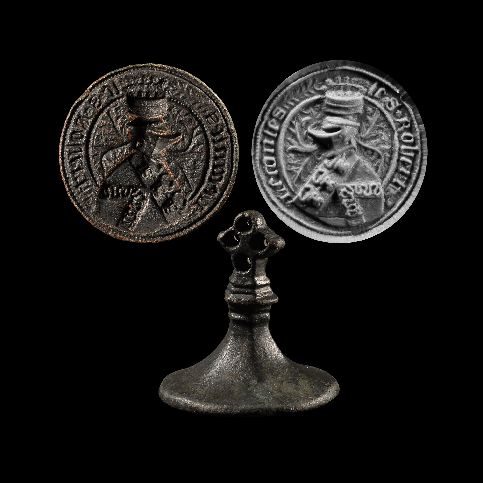 Large Medieval Bronze Knight's Heraldic Seal Matrix of Count Robert in Full Armour