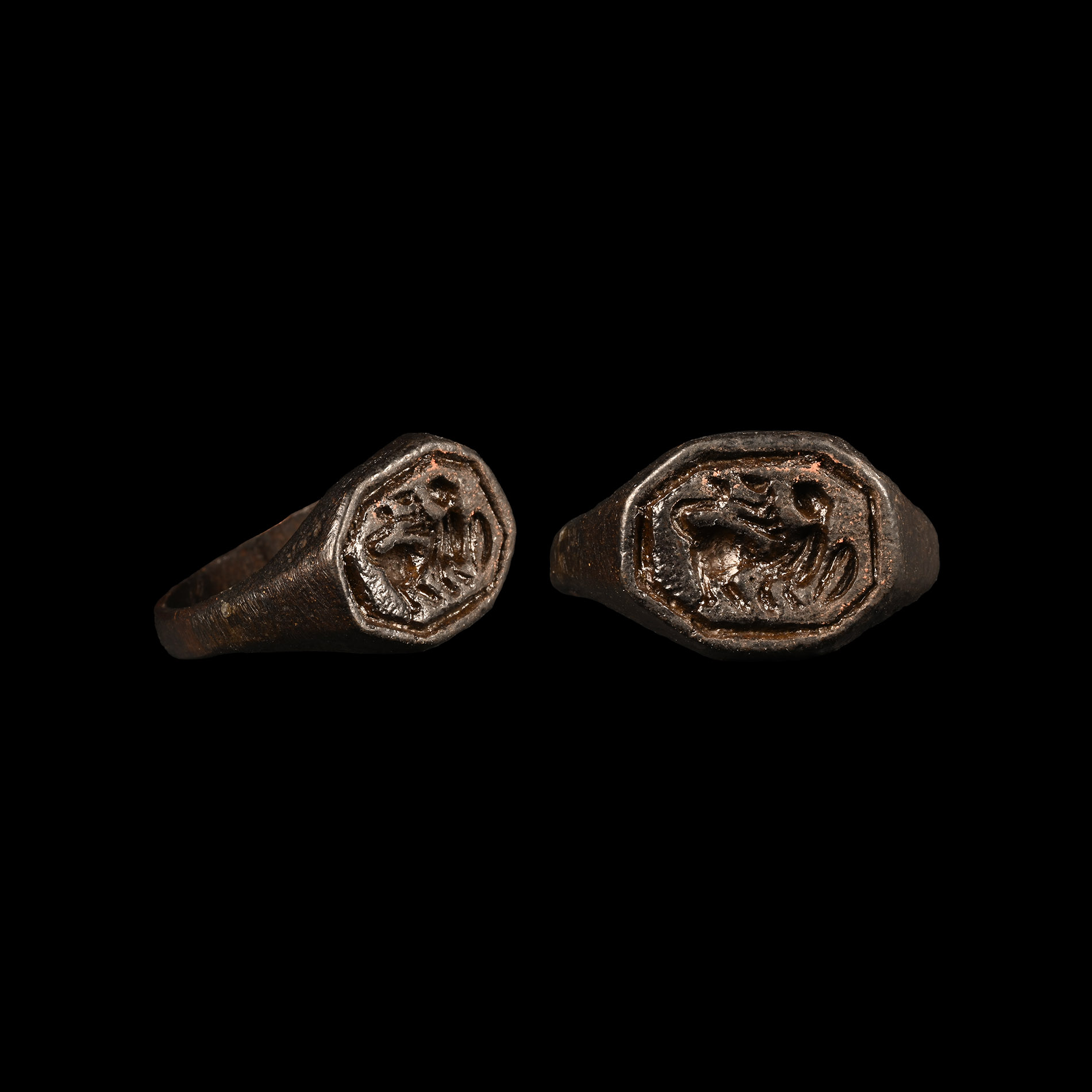Medieval Bronze Signet Ring with Winged Griffin